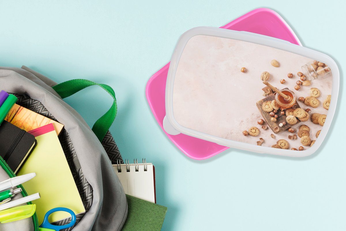 Honig Erwachsene, Kekse Brotdose - MuchoWow Kunststoff rosa Küche, Brotbox - - (2-tlg), Lunchbox Kunststoff, Snackbox, Nüsse Mädchen, für Kinder,