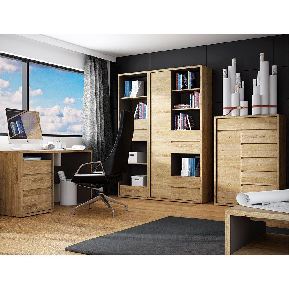 Lomadox Büromöbel-Set SELMA-129, (Spar-Set, 4-tlg., Bücherregal Schrankregal Kommode Schreibtisch), modernes Arbeitszimmer grifflos in Eiche