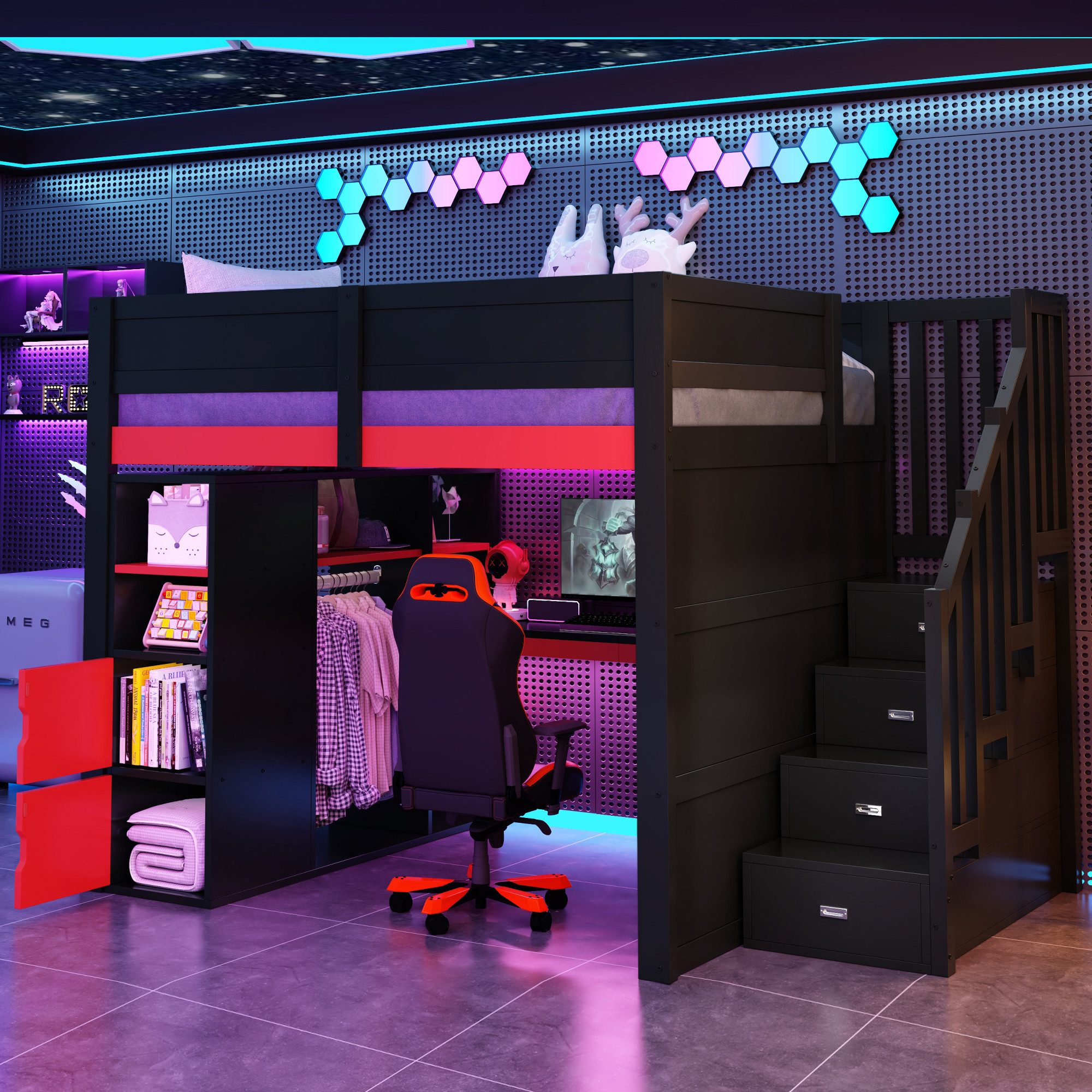 MODFU Hochbett für Jugendliche, Gaming-Zimmer (mit Schreibtisch, LED-Beleuchtung, Stauraum-Treppe, Schwarz + Rot, mit USB-Ladeanschluss und Platz für Spielzeug und Bücher, 1-St., 252.5 x 145 x 170)