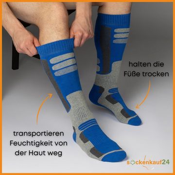 sockenkauf24 Skisocken 2 Paar Ski Strümpfe Herren & Damen Ski Socken lang (Schwarz/Blau, 43-46) Atmungsaktiv - 42816