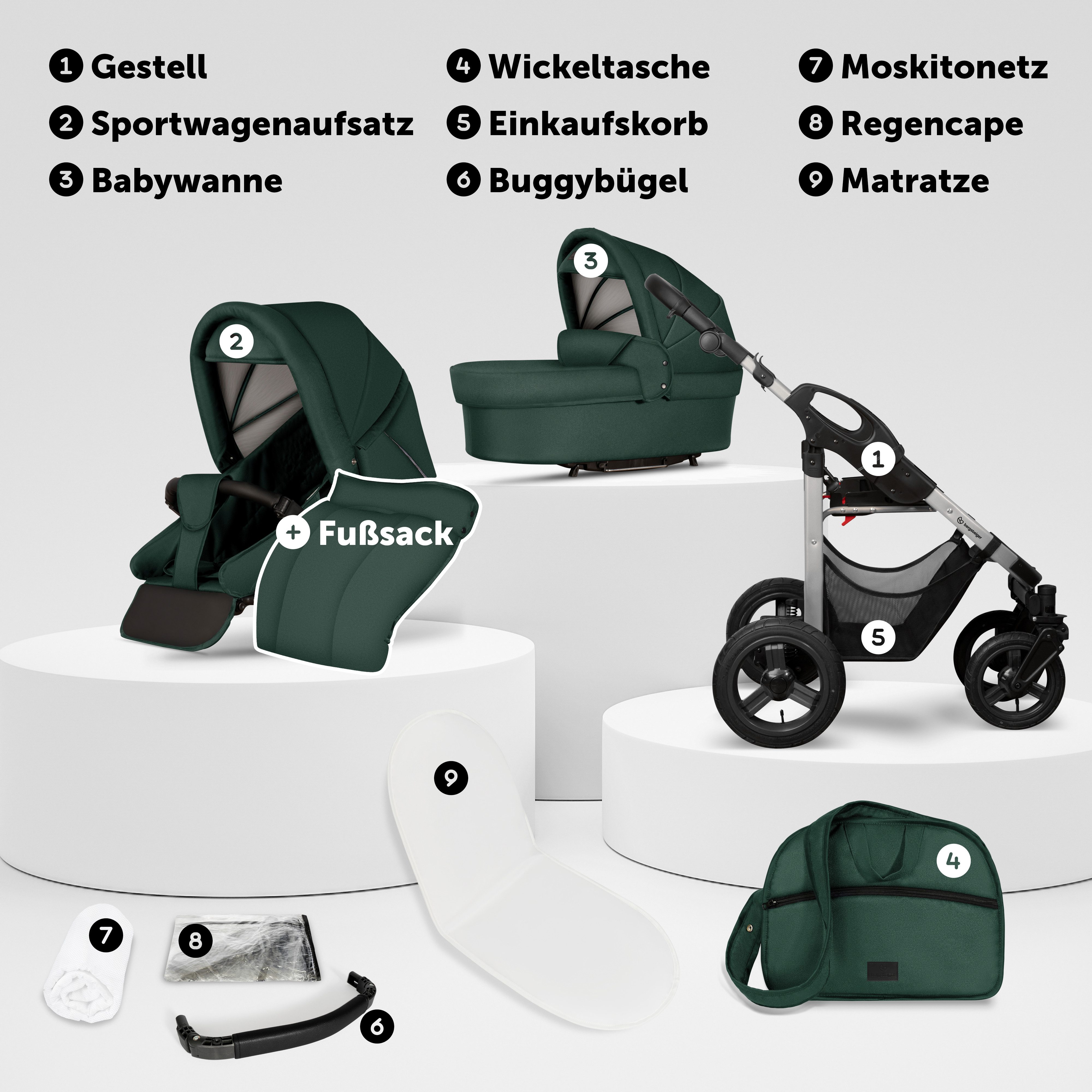 bergsteiger Kombi-Kinderwagen Babywagen Capri 3in1, Kombikinderwagen Komplettset, (10-tlg)