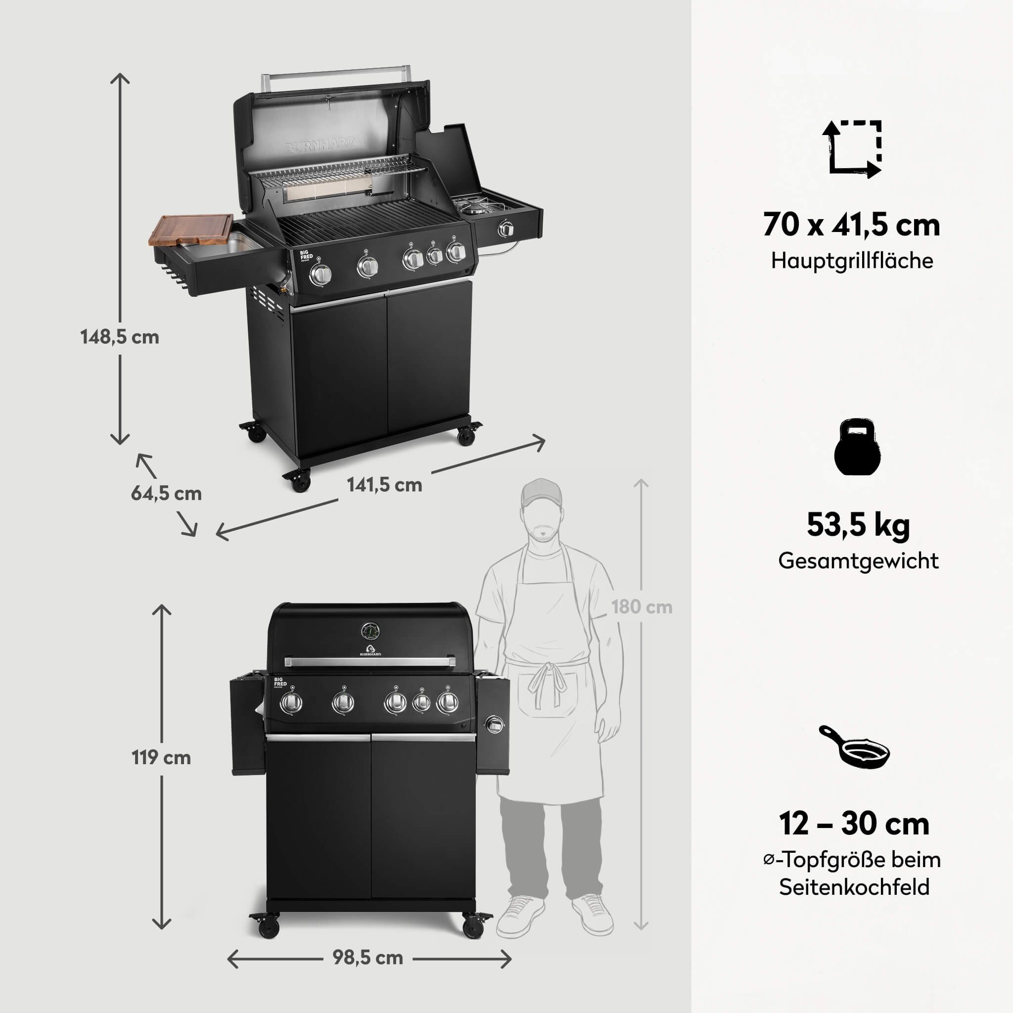 BURNHARD® Gasgrill 4-Brenner, 21,2 kW Gesamtleistung, Infrarot-Keramikbrenner, Seitenkochfeld, Edelstahl, Gussrost, große Grillfläche, Piezo-Zündung – Big FRED Deluxe