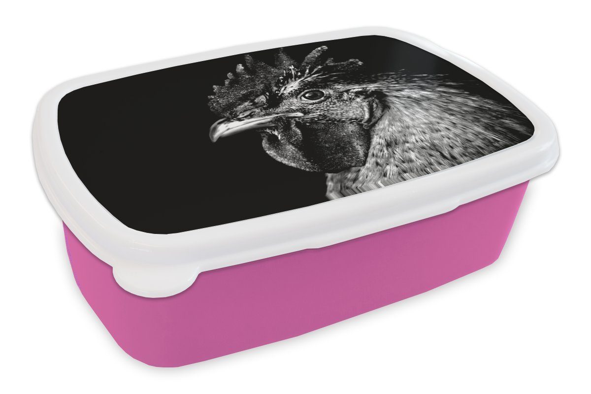 MuchoWow Lunchbox Schwarz-Weiß-Porträt eines Hahns, Kunststoff, (2-tlg), Brotbox für Erwachsene, Brotdose Kinder, Snackbox, Mädchen, Kunststoff rosa