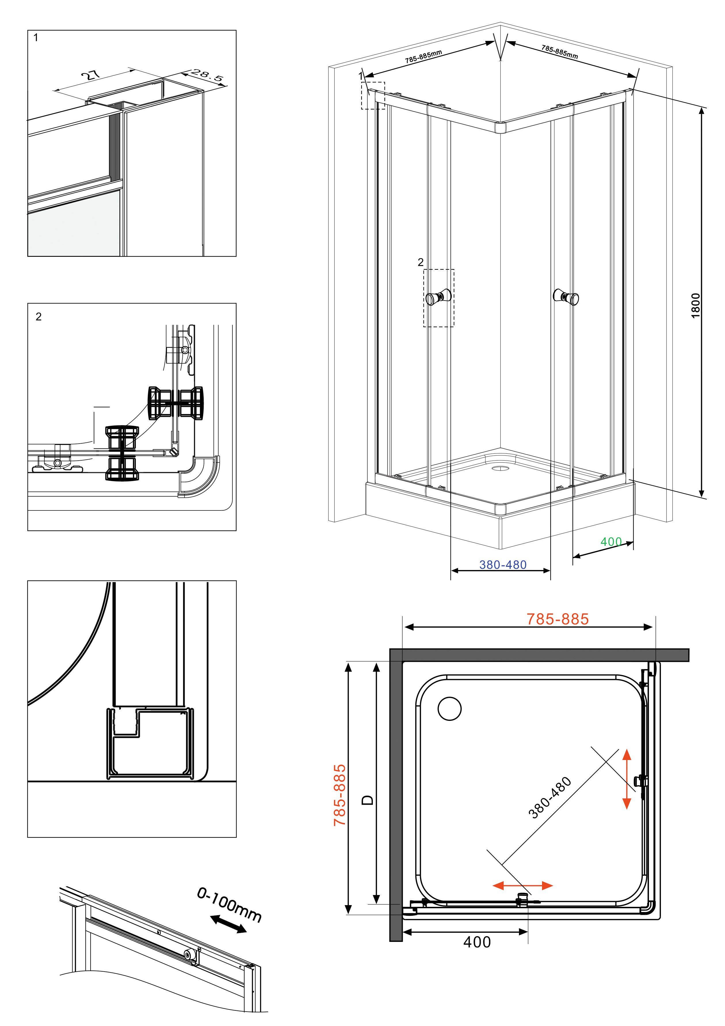 welltime Trento corner shower, WxD: 90x90 cm, single-pane safety glass, with variable adjustment range of 80-90cm, corner shower with sliding doors
