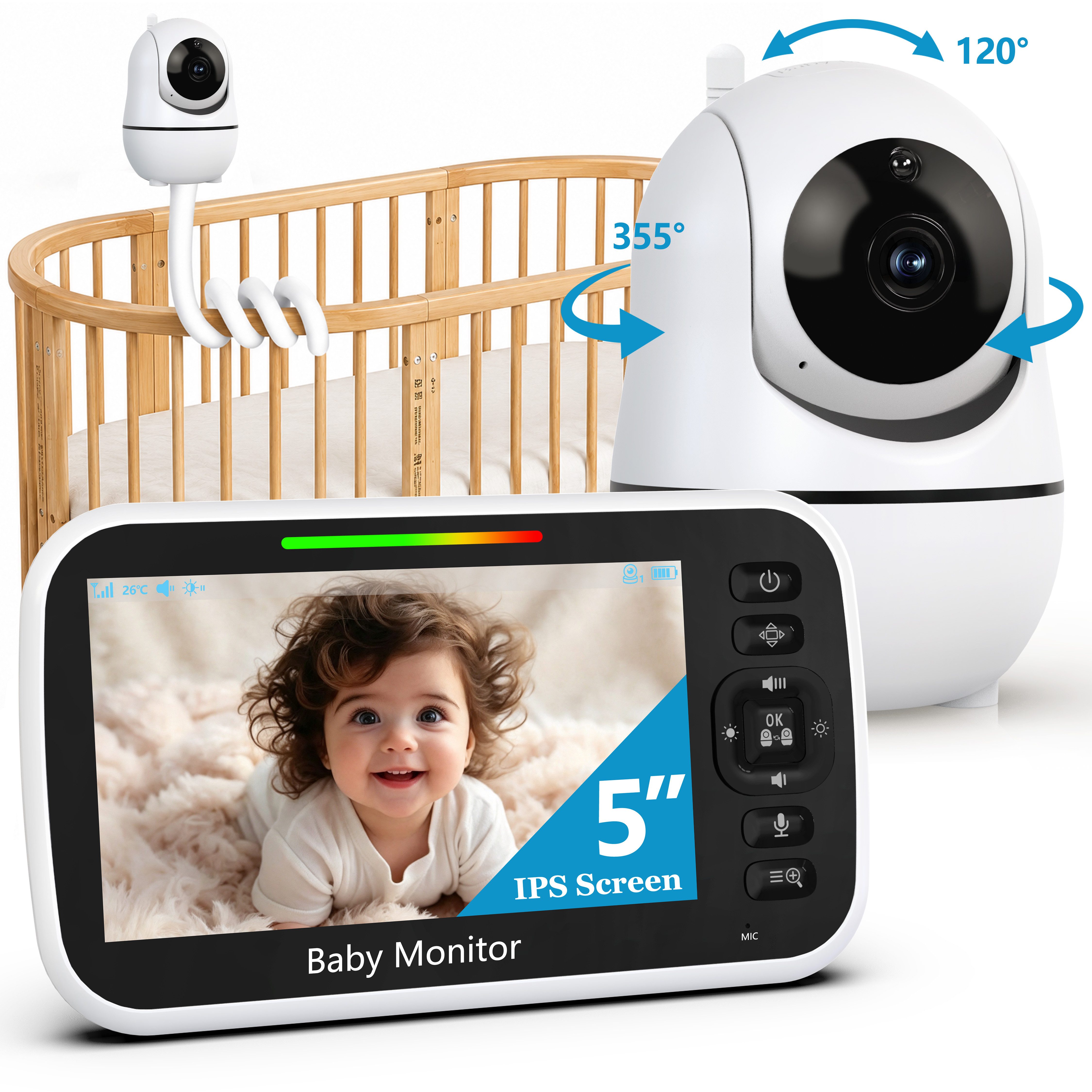 Whraills Babyphone Babyphone mit Kamera und Halterung, 2.4GHz FHSS, 6000mAh, Nachtsicht, 5" Monitor und 2x Zoom ECO/VOX, Temperaturalarm und Flexible Halterung