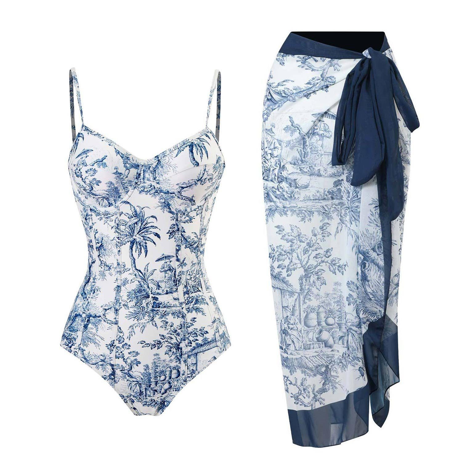 MAGICSHE Badeanzug Einteiliger Set Badeanzug für High Sport ups+1 Push Badeanzug Vintage Sexy Waisted Damen Badeanzug bedruckter blau