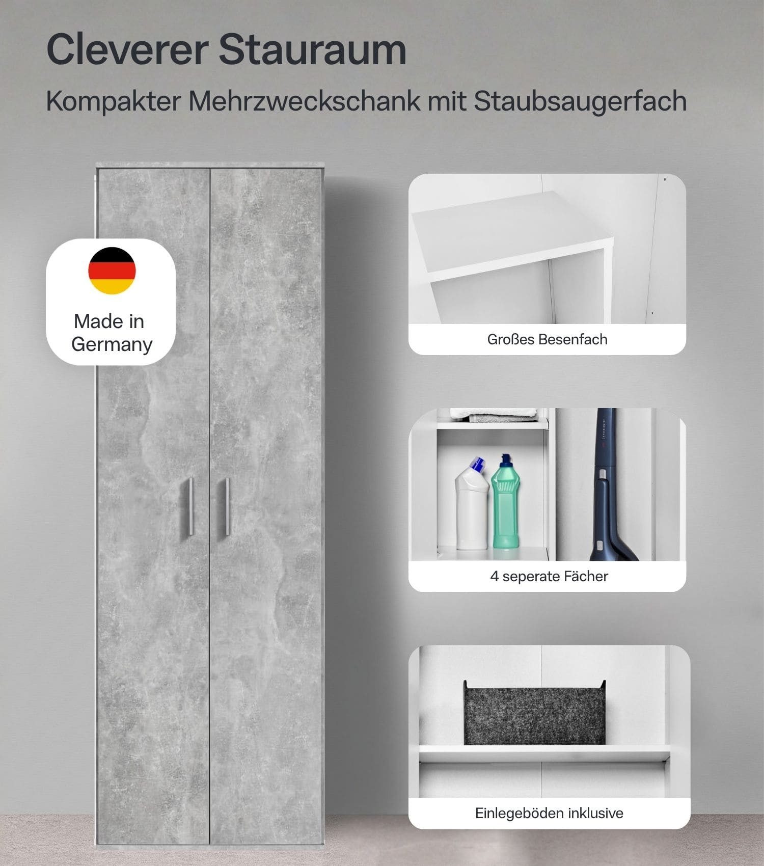 mokebo Mehrzweckschrank Der Lange (60x180 cm, mit Staubsaugerfach) Made in Germany, Besenschrank, Putzschrank, Flurschrank in Grau – Bild 2 von 5