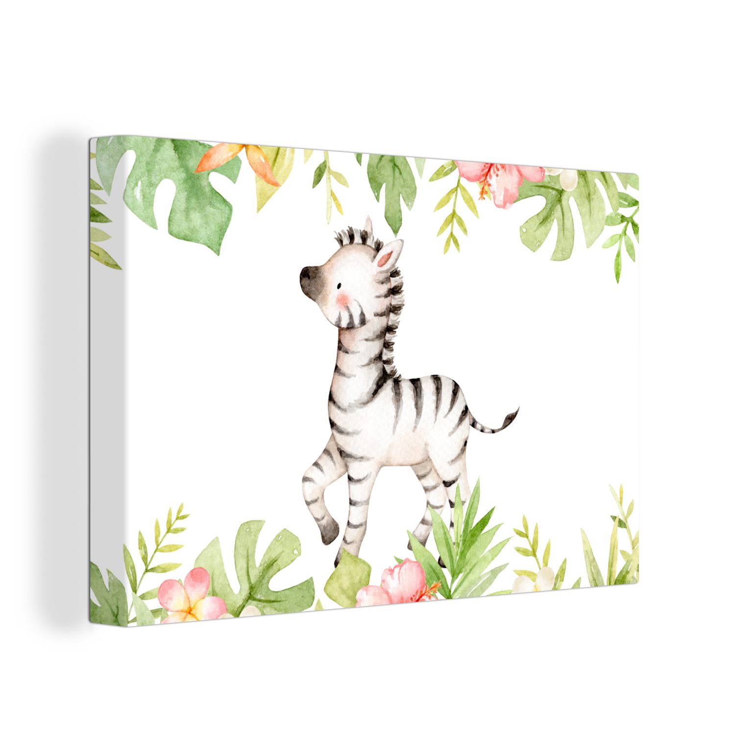 OneMillionCanvasses® Leinwandbild Zebra - Blumen - Dschungel - Aquarell, (1 St), Wandbild Leinwandbilder, Aufhängefertig, Wanddeko, 30x20 cm