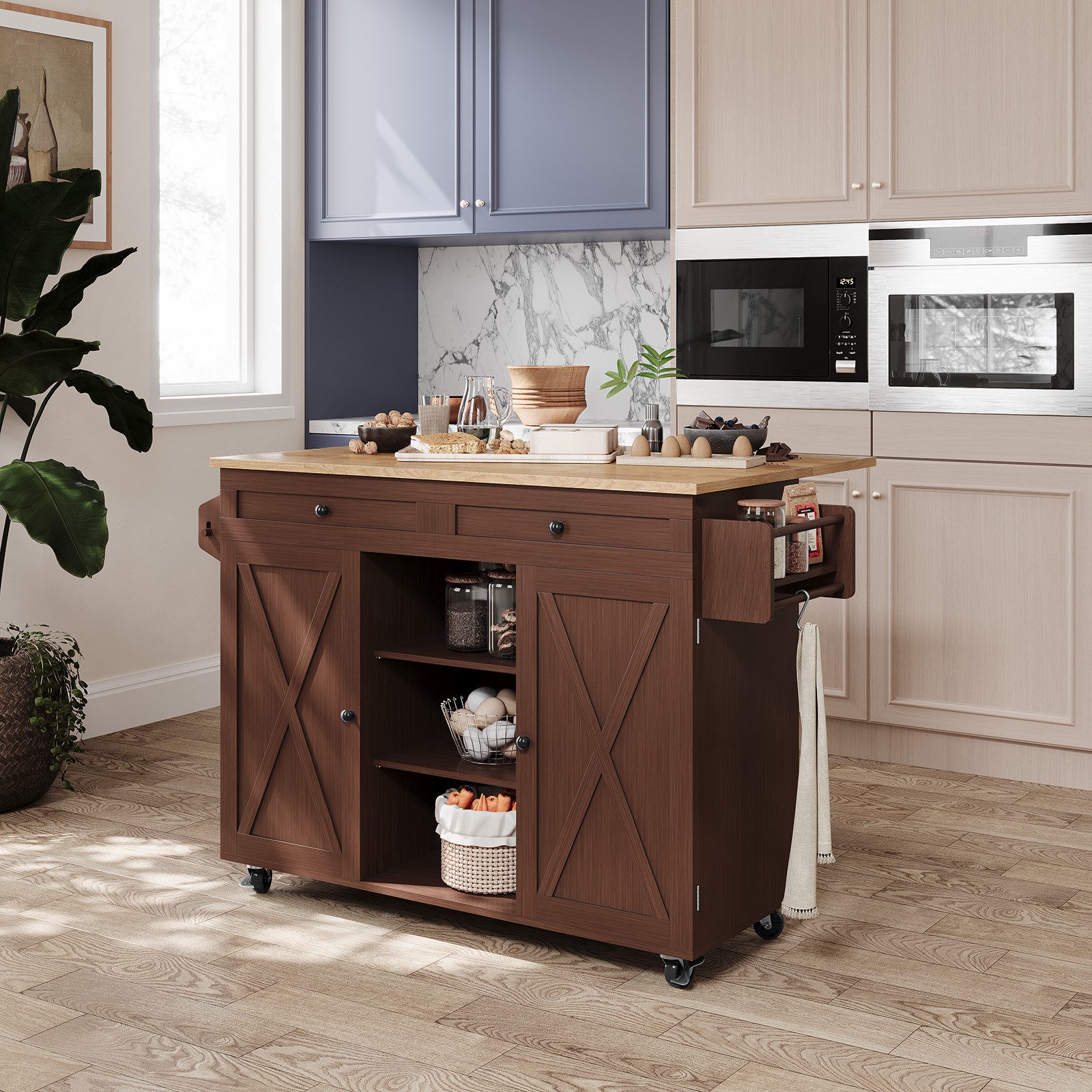 HOLTICO Küchenwagen mit abklappbarer Arbeitsplatte, Kücheninsel auf Rädern, (Praktische Kücheninsel mit Klapptisch & 360° drehbaren Rollen – Stauraum., 1 St), Kücheninsel-Tisch mit Lagerungsschrank und Turmregal