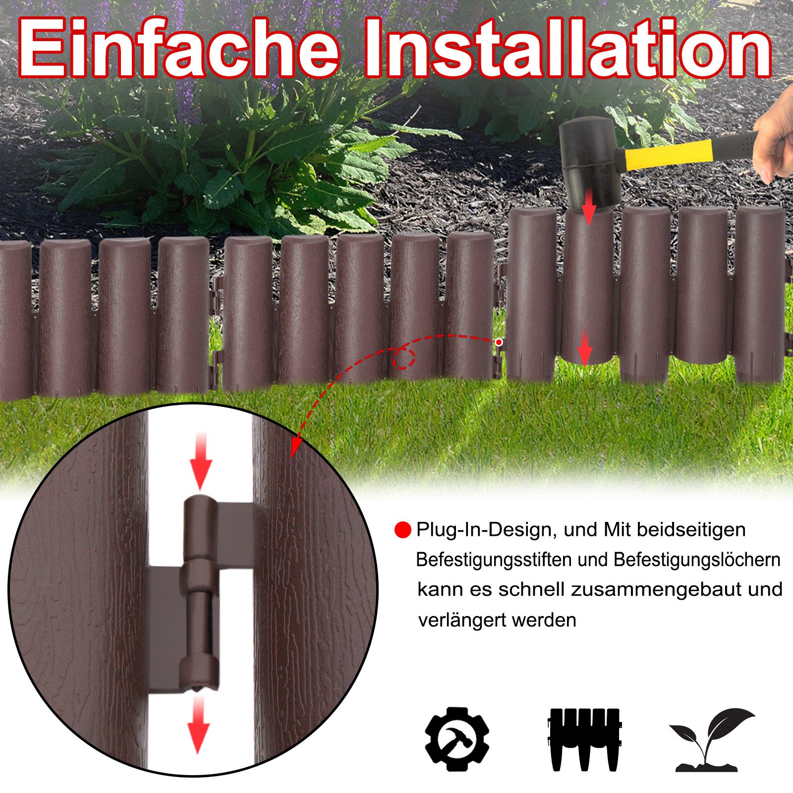 FIVMEN Rasenkante Rasenkante Mähkante Randsteine Kunststoff Beeteinfassung, Kunststoff Beetumrandung Gartenzaun Pro Element 28cm x 24cm – Bild 3 von 5