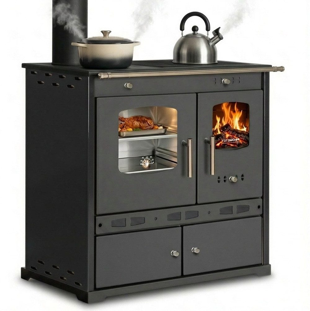 Prometey Holzherd ECO LUX INOX, Edelstahlbackfach - schwarz, linke Version, 7.1 kW