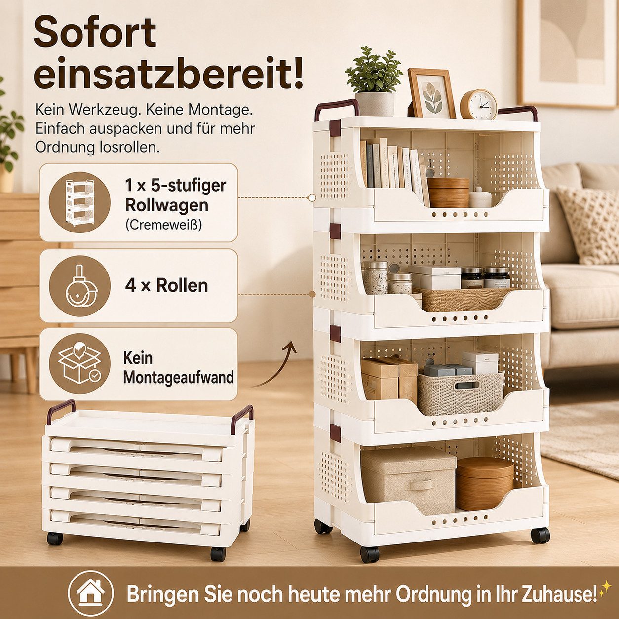 BlingBin Rollwagen Klappbarer Aufbewahrungswagen mit 4 Körben, Rollen und Ablage, (Ordnungswagen, 1 St., 1tlg), Küchenwagen, Beistellwagen, PP Kunststoff, Creme – Bild 3 von 5