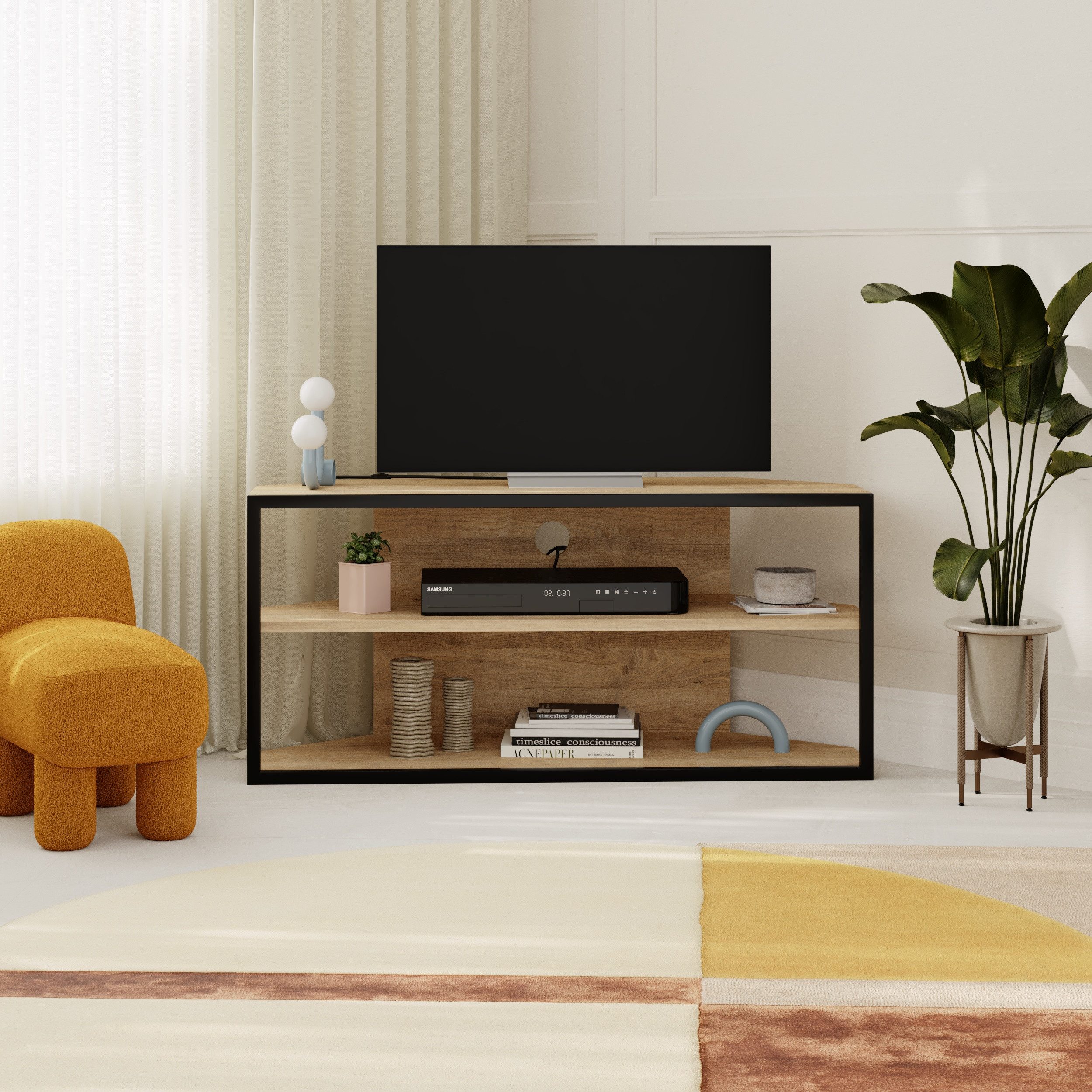 DECORTIE TV-Ständer ECHO bis 50,00 Zoll, Moderner ECK TV-Ständer, 37 x 45 x 98 cm Eiche
