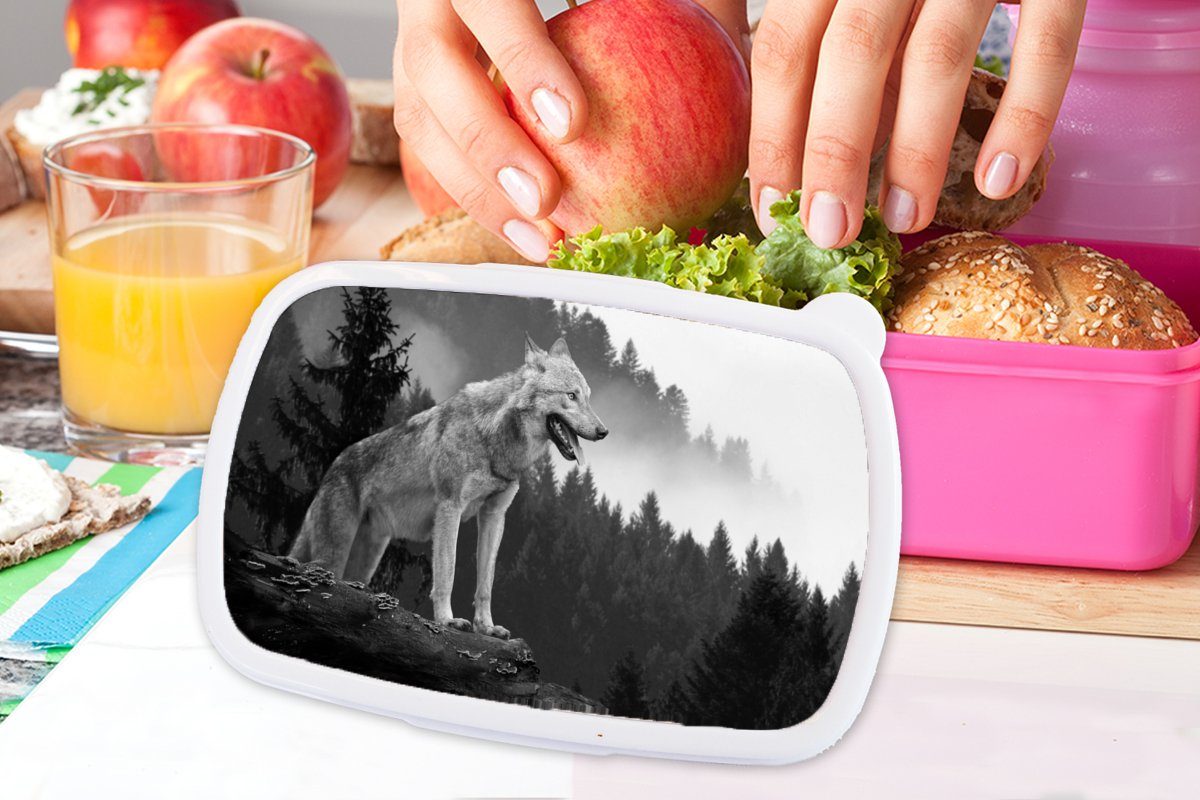 Brotbox Kunststoff, - Erwachsene, Lunchbox MuchoWow Snackbox, für Brotdose - Schwarz Mädchen, Wolf rosa - Wald Kinder, Weiß, Kunststoff (2-tlg),