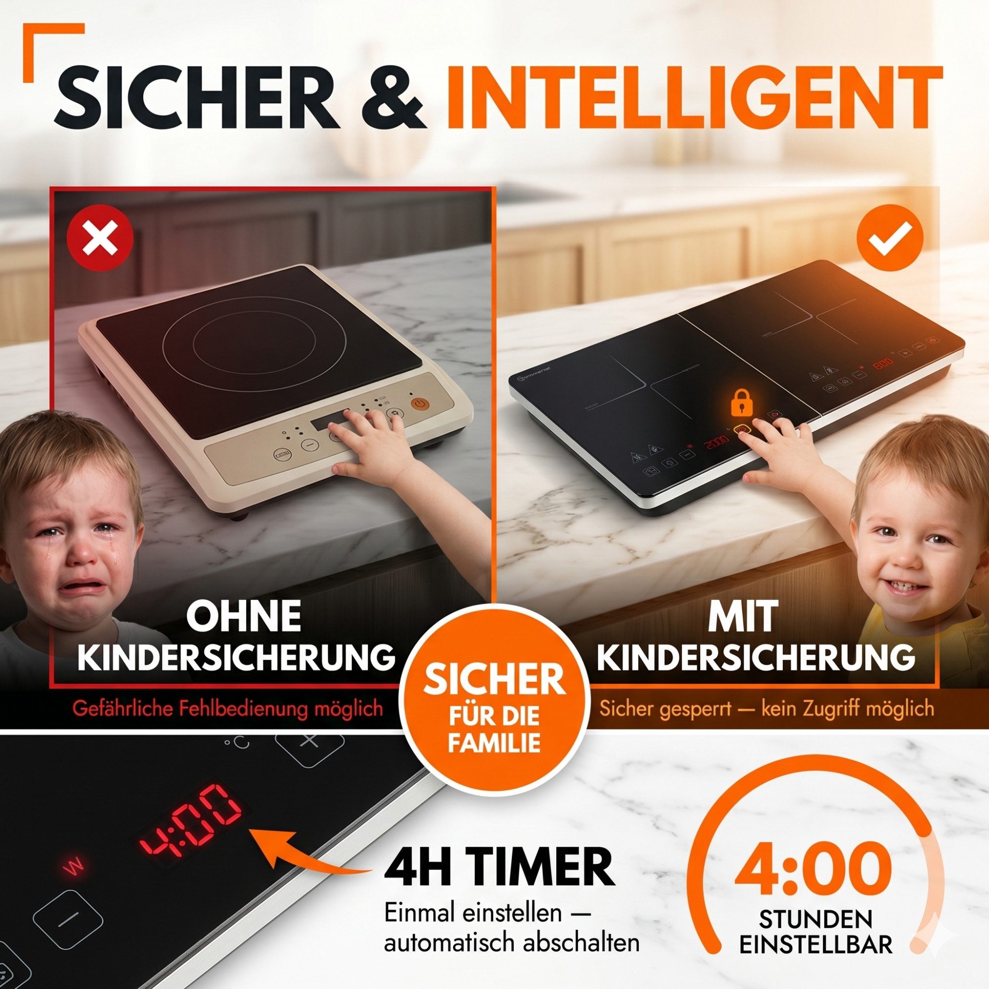 Sommertal Einzel-Induktionskochplatte Sommertal Induktionskochfeld 2 platten 3500W Tragbar Super Slim, Design bis 240 °C mit 4h Timer  mit Touch-Bedienung