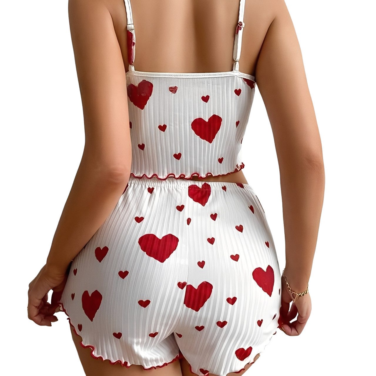 Lovolotti Pyjama Damen Pyjama-Set aus plissiertem Stoff mit Herz-Print Zweiteiliges Homewear Set