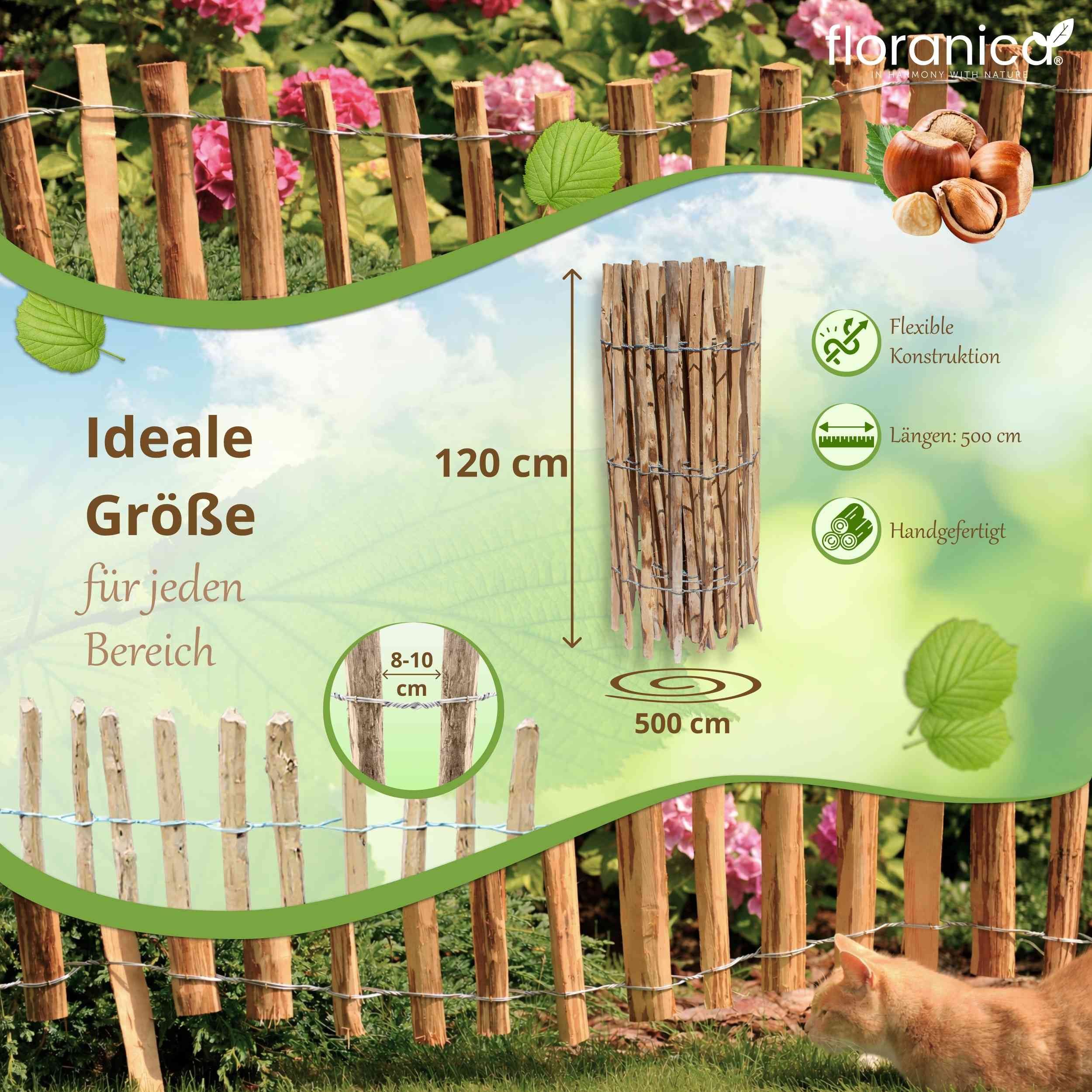 Floranica Staketenzaun Gartenzaun aus Haselnuss als Steckzaun Rollzaun - naturbelassen, (L / H 5 m x 120 cm, 1-St., Lattenabstand 8-10 cm), als Grundstücksgrenze, Hühnerzaun, Gemüsegärten Beeten oder Tierweiden