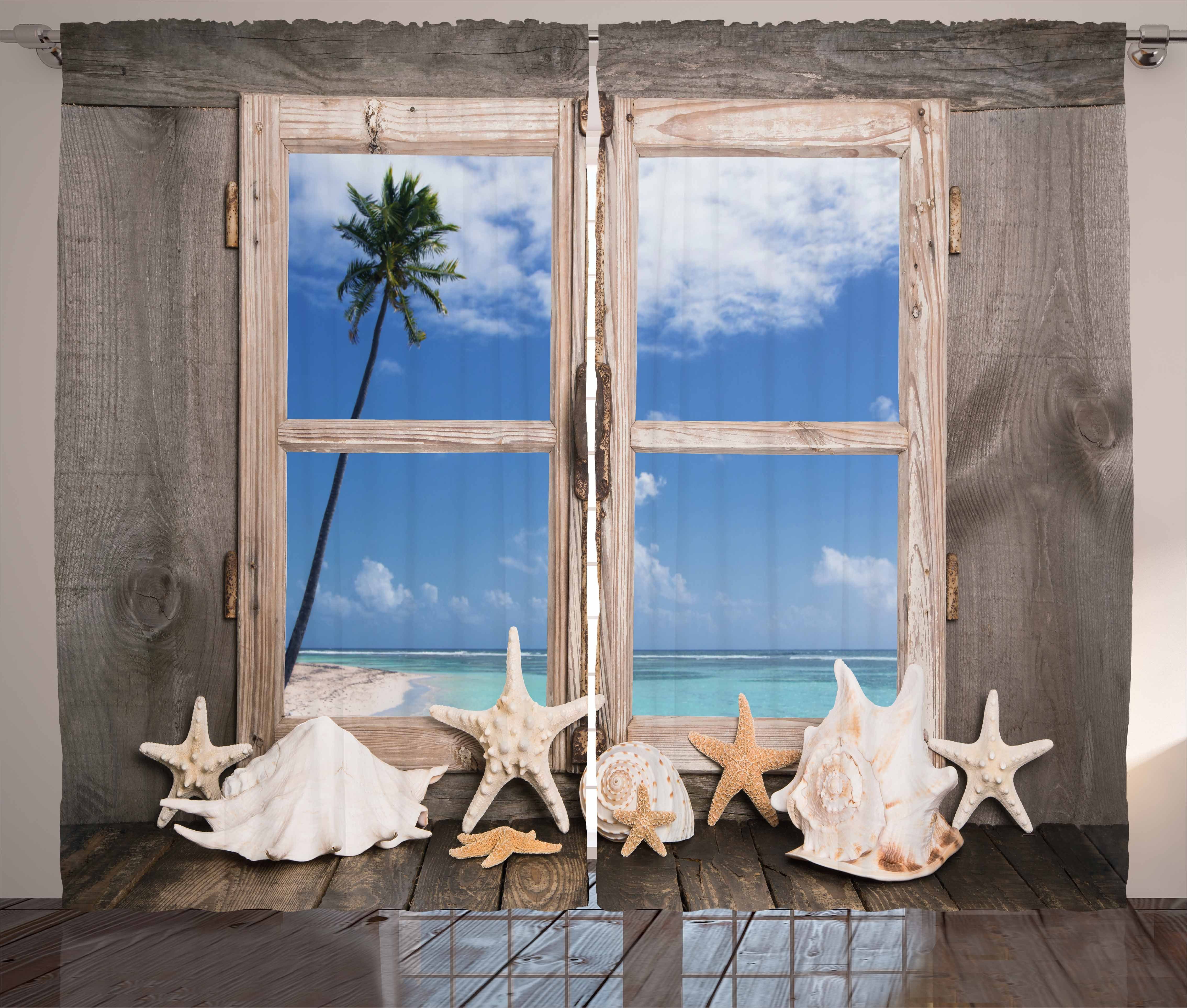 Gardine Schlafzimmer Kräuselband Vorhang mit Schlaufen und Haken, Abakuhaus, Strand Muscheln Seestern Palms