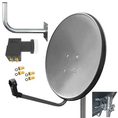 ARLI 60 cm HD Sat Anlage grau + Quad LNB + Wandhalter 45cm + 4x F-Stecker SAT-Antenne (60 cm, Stahl)