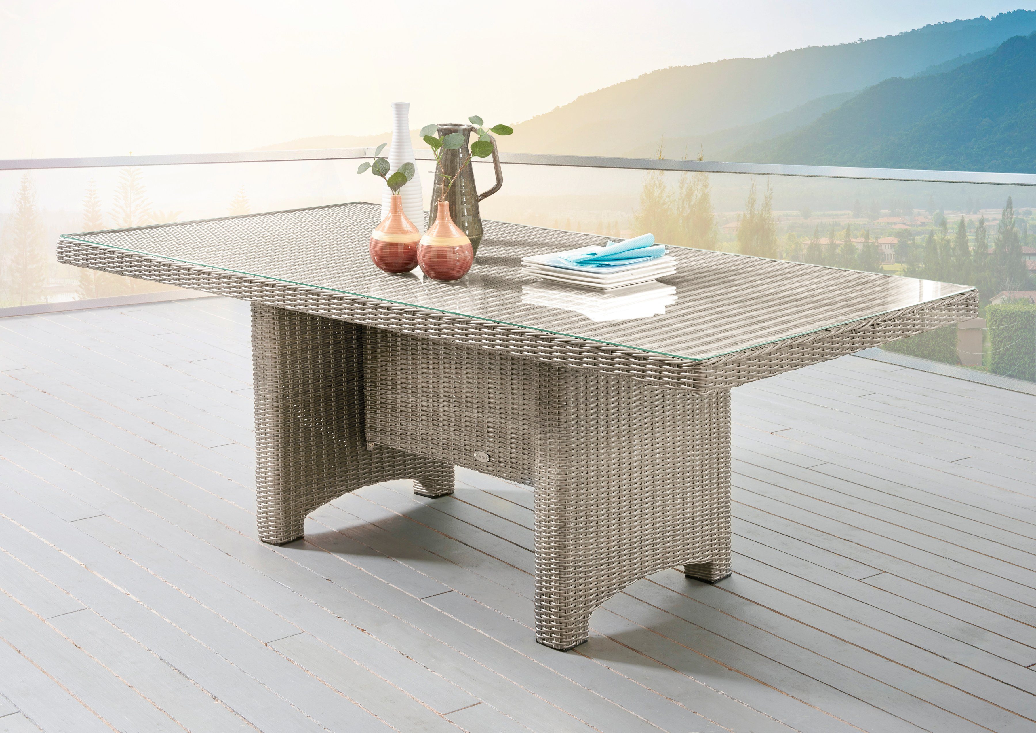 Gartentisch LUNA, mit Polyrattan, rechteckig, aufgelegter 165x100x75cm Glasplatte Destiny
