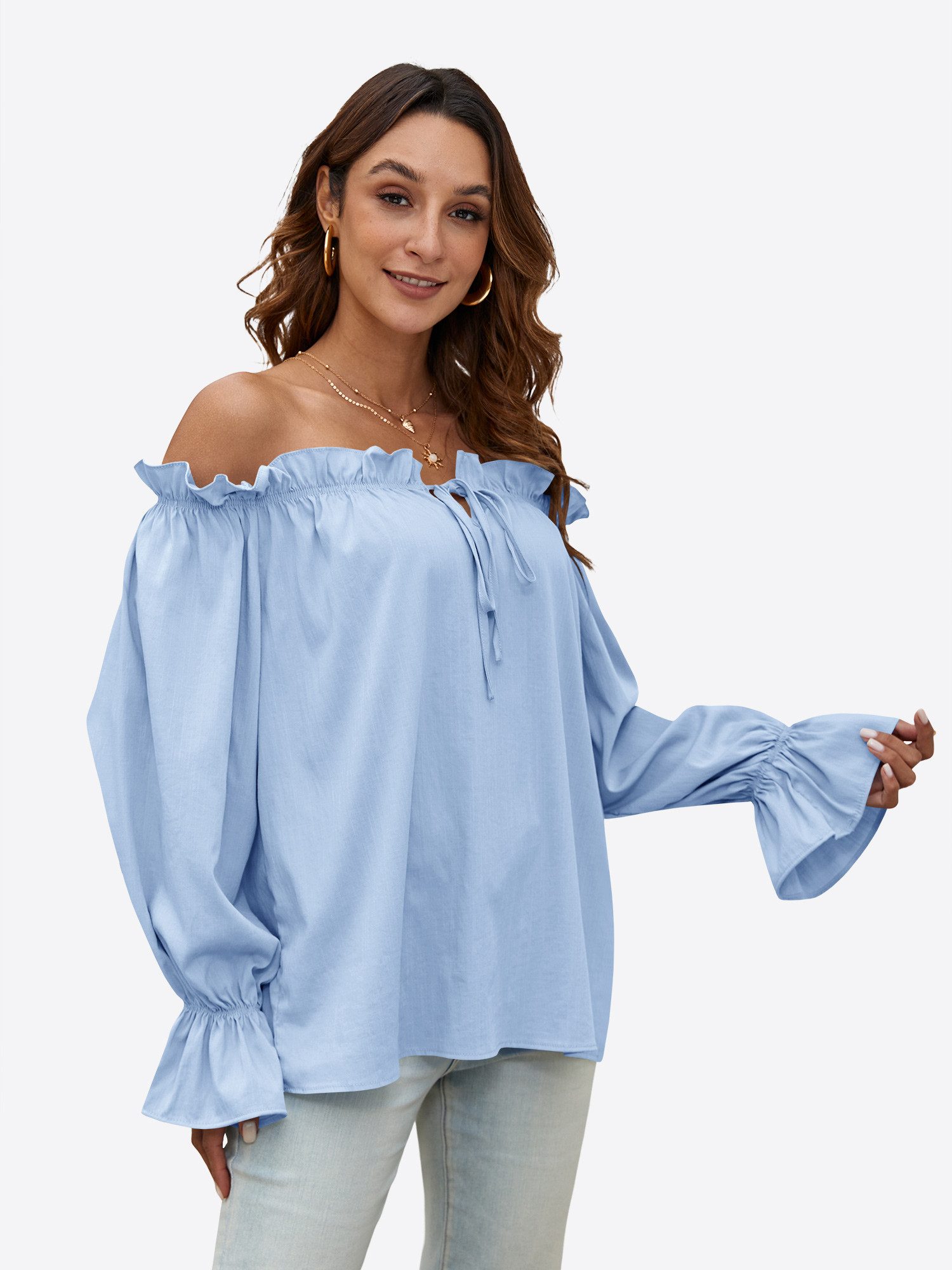 Imily Bela Langarmbluse Damen Schulterfreie Oberteile (Packung, 1-tlg., 1per-Pack) Einfarbig