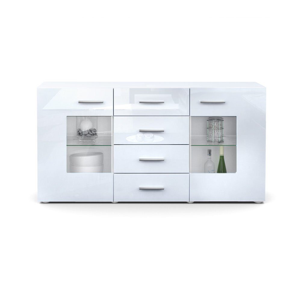 Vladon Sideboard Grömitz (Kommode mit 2 Türen, 4 Schubladen und 2 flexible Glaseinlegeböden), Weiß matt/Weiß Hochglanz (139 x 72 x 35)