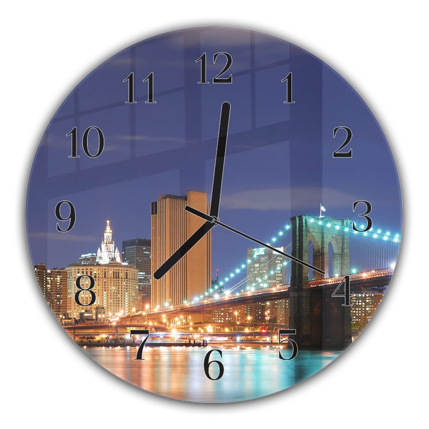 Primedeco Wanduhr Wanduhr 30 mit aus cm Quarzuhrwerk Panorama und mit Motiv Glas New Rund York Durchmesser Skyline - City