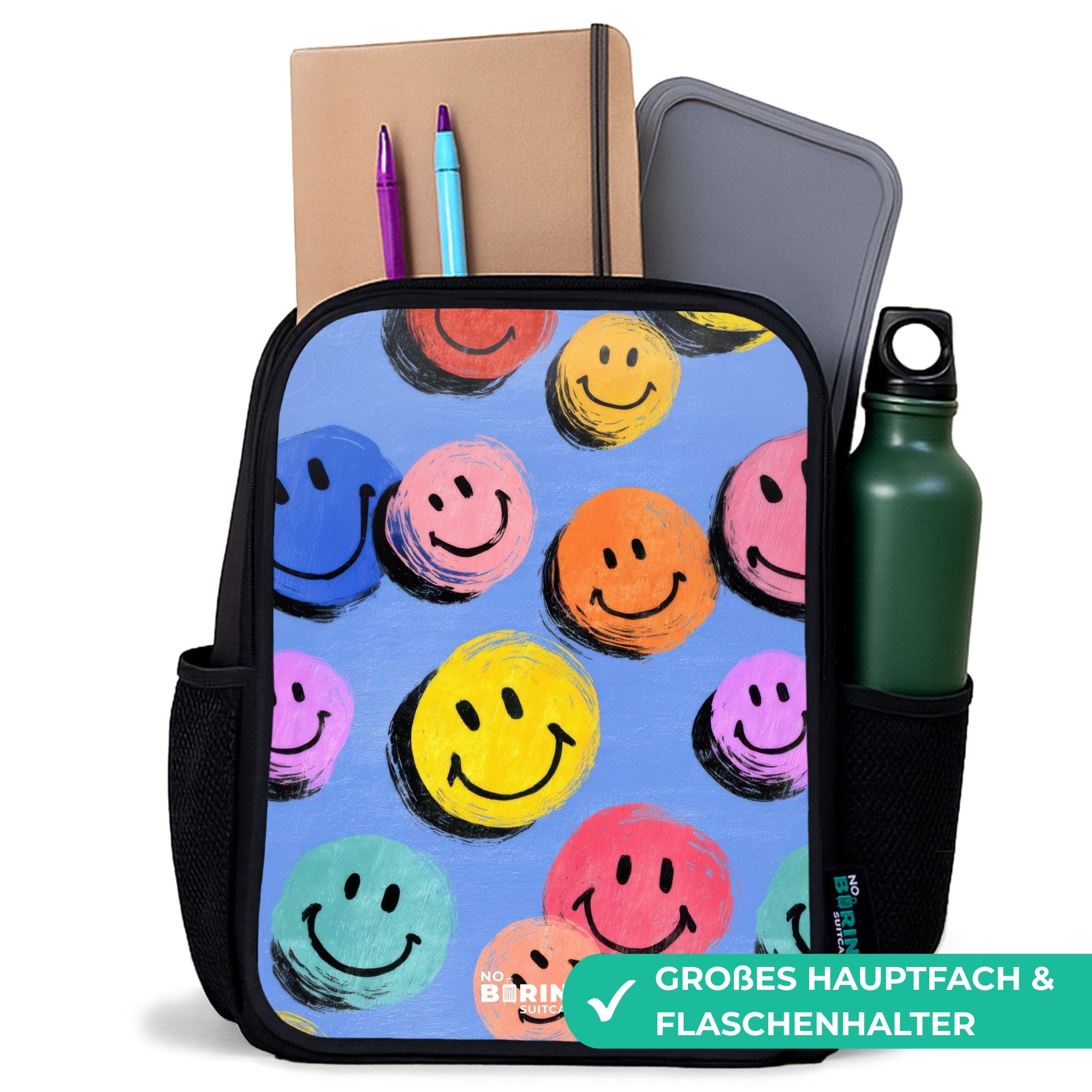 NoBoringSuitcases.com© Rucksack Ein verspieltes und künstlerisches Muster aus bunten Smileys, Kinderrucksack Schwarz, Schulrucksack, Freizeitrucksack Jungen Mädchen