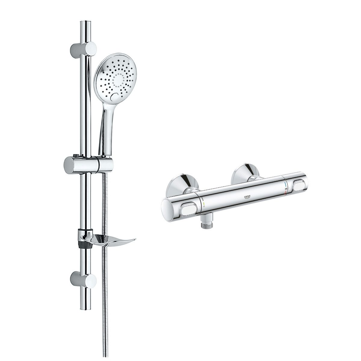 Grohe Duscharmatur Precision Flow mit Thermostat, Duschstange, Handbrause & Seifenhalter (Spar-Set) ohne Regendusche, 3 Strahlarten mit SafeStop Sicherheitssperre bei 38°
