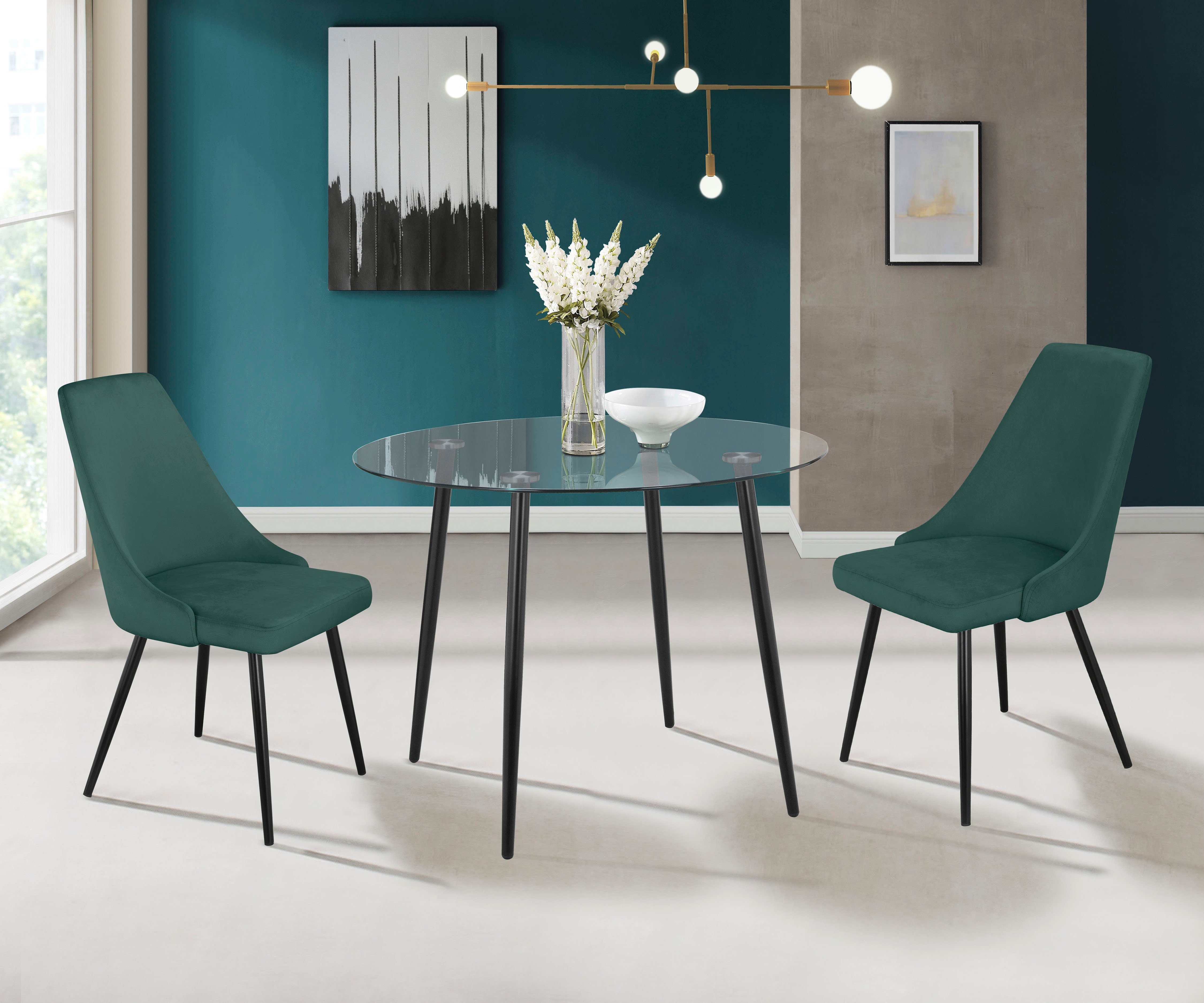 Esszimmerstuhl dunkelgrün 2 Metallbeinen eleganter INOSIGN St), Stuhl Rücken und und dunkelgrün schwarzen mit Sitzpolster (Set, Malio |