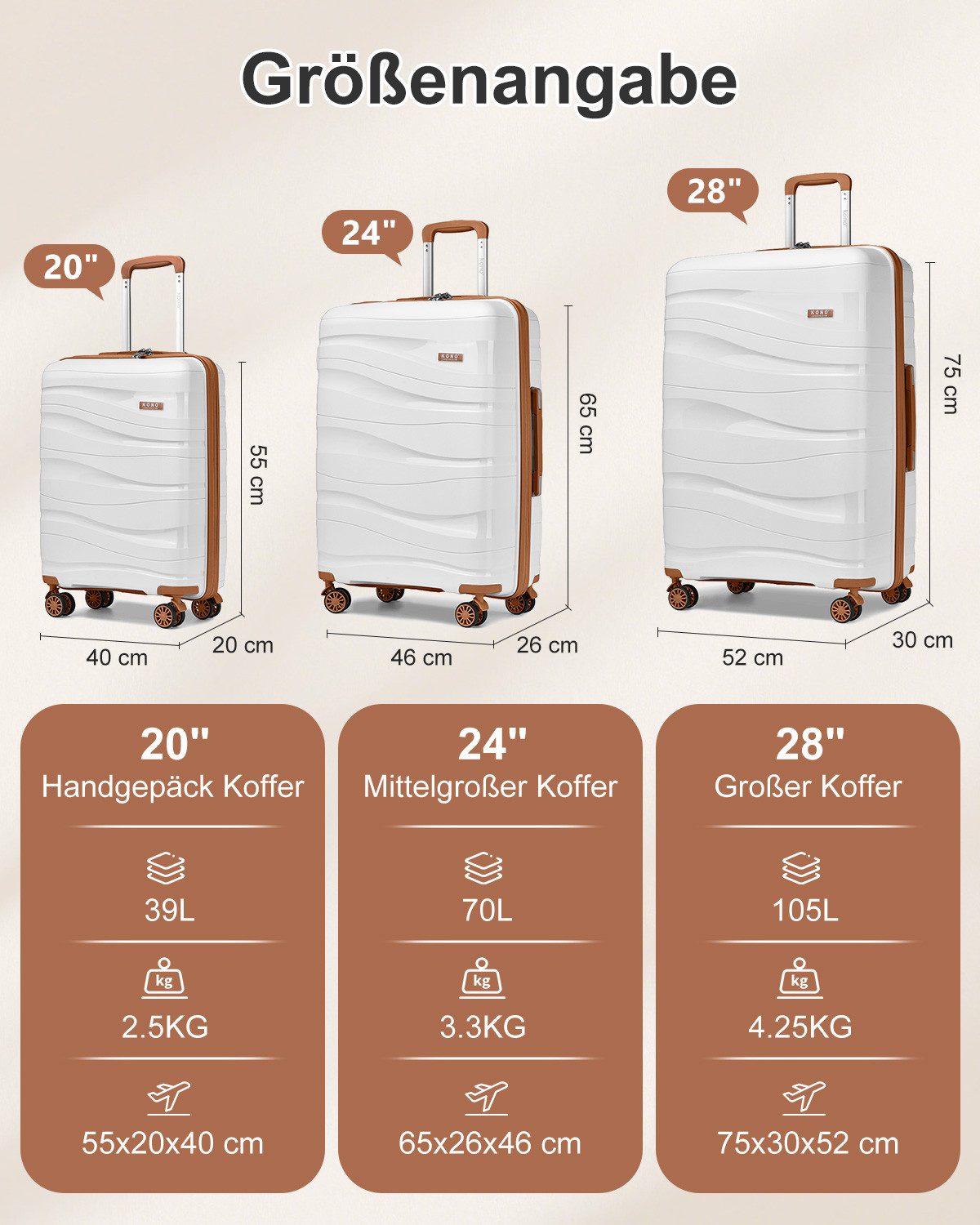 KONO Handgepäck-Trolley Leicht Hartschalenkoffer Reisekoffer mit 4 Rollen und TSA Schloss