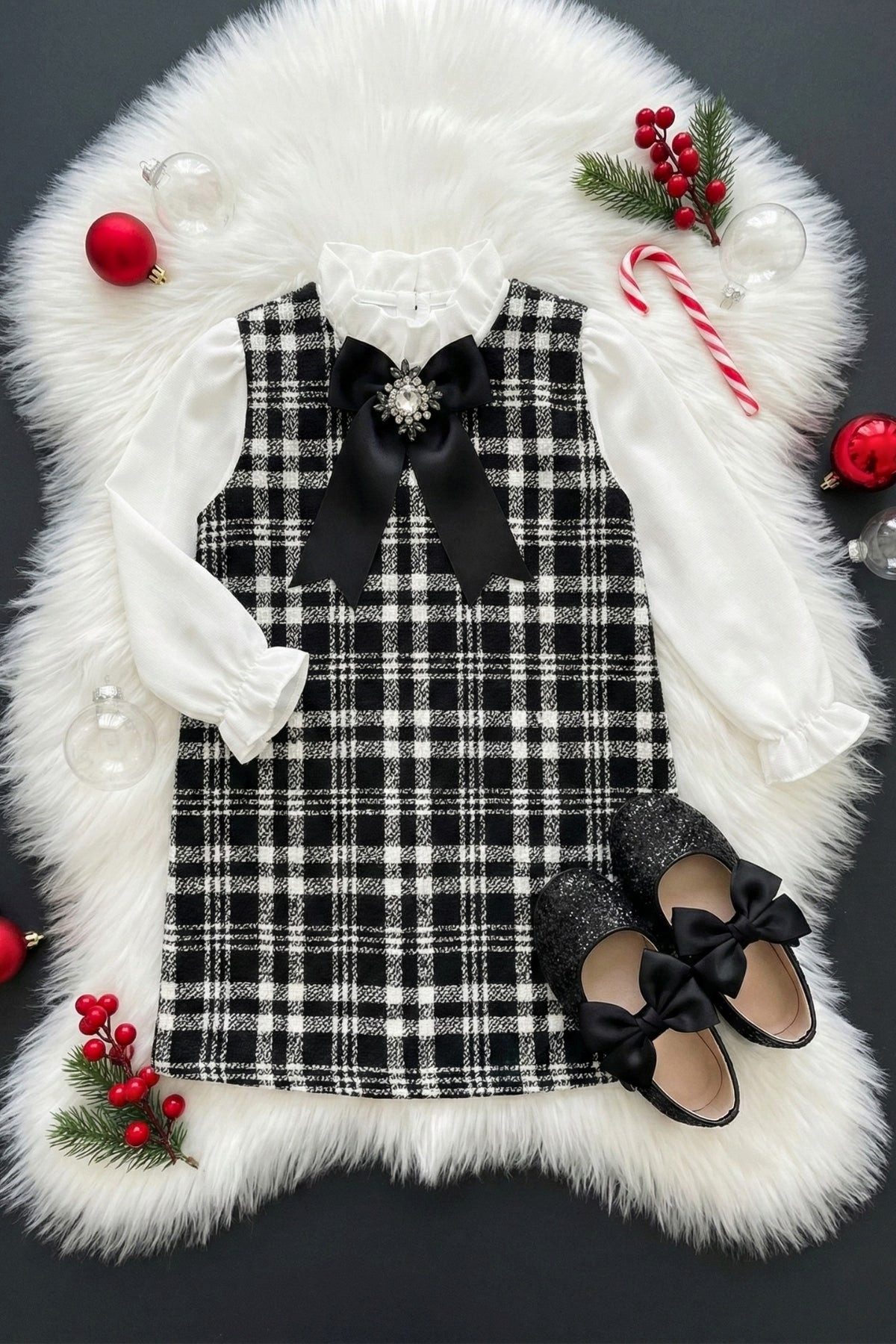 Parla Kids 2-in-1-Kleid Kleid mit Tweed in schwarz/weiß - abnehmbare Brosche mit Zirkoniastein Abnehmbare Brosche