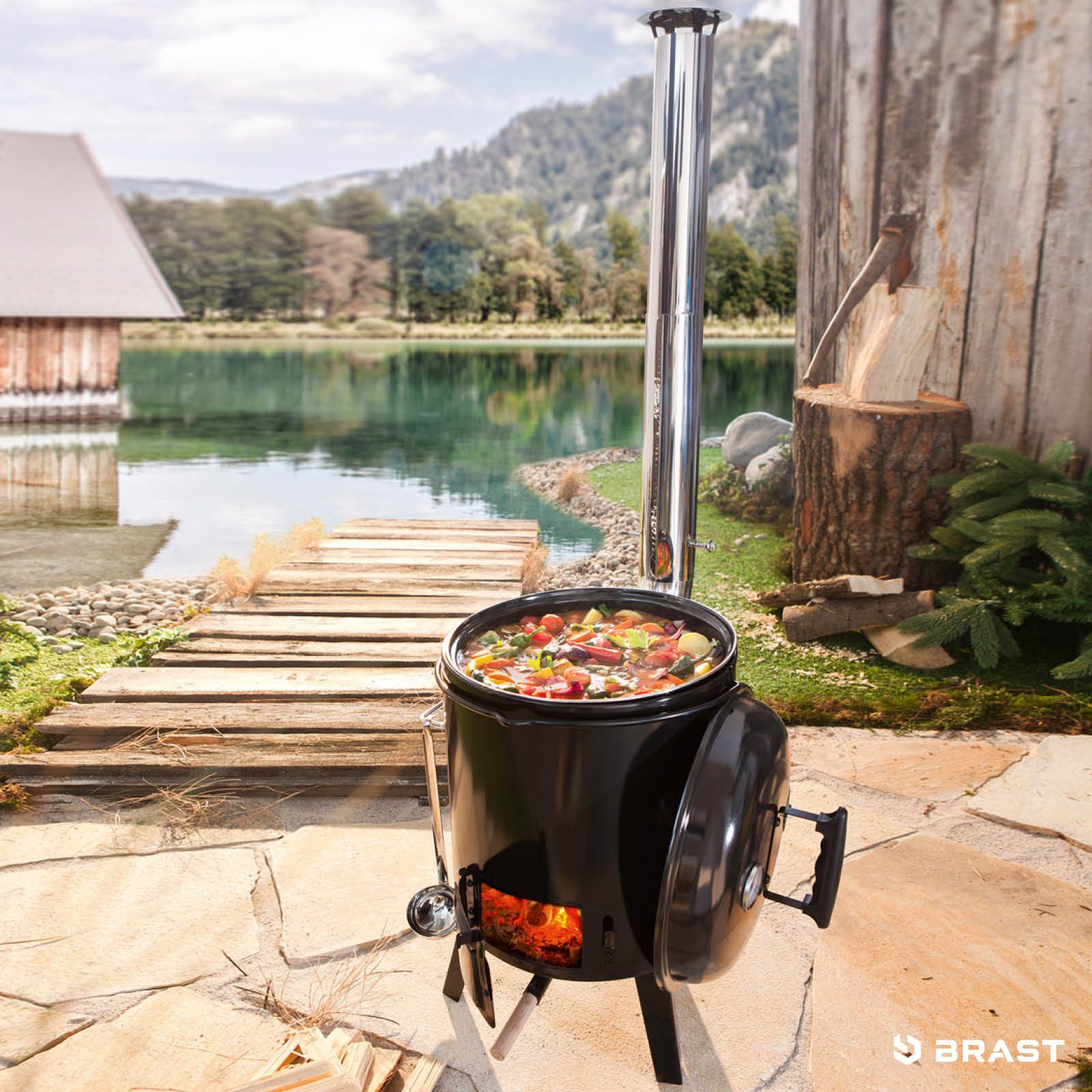 BRAST Kombigrill Eintopfofen mit Grillfunktion Ofen Kugelgrill, XXL Kamin mit integrierter Luftregulierung, 15L Gulaschkanone für den eigenen Garten, 5in1: Kochen, Grillen, Braten, Rösten & Dünsten