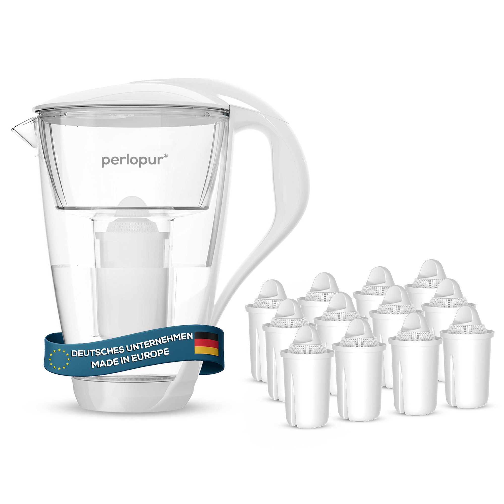 PerloPur Wasserfilter Glas Weiß Inkl. 12 Universal Filterkartuschen, Zubehör für Brita Classic u. PearlCo Classic