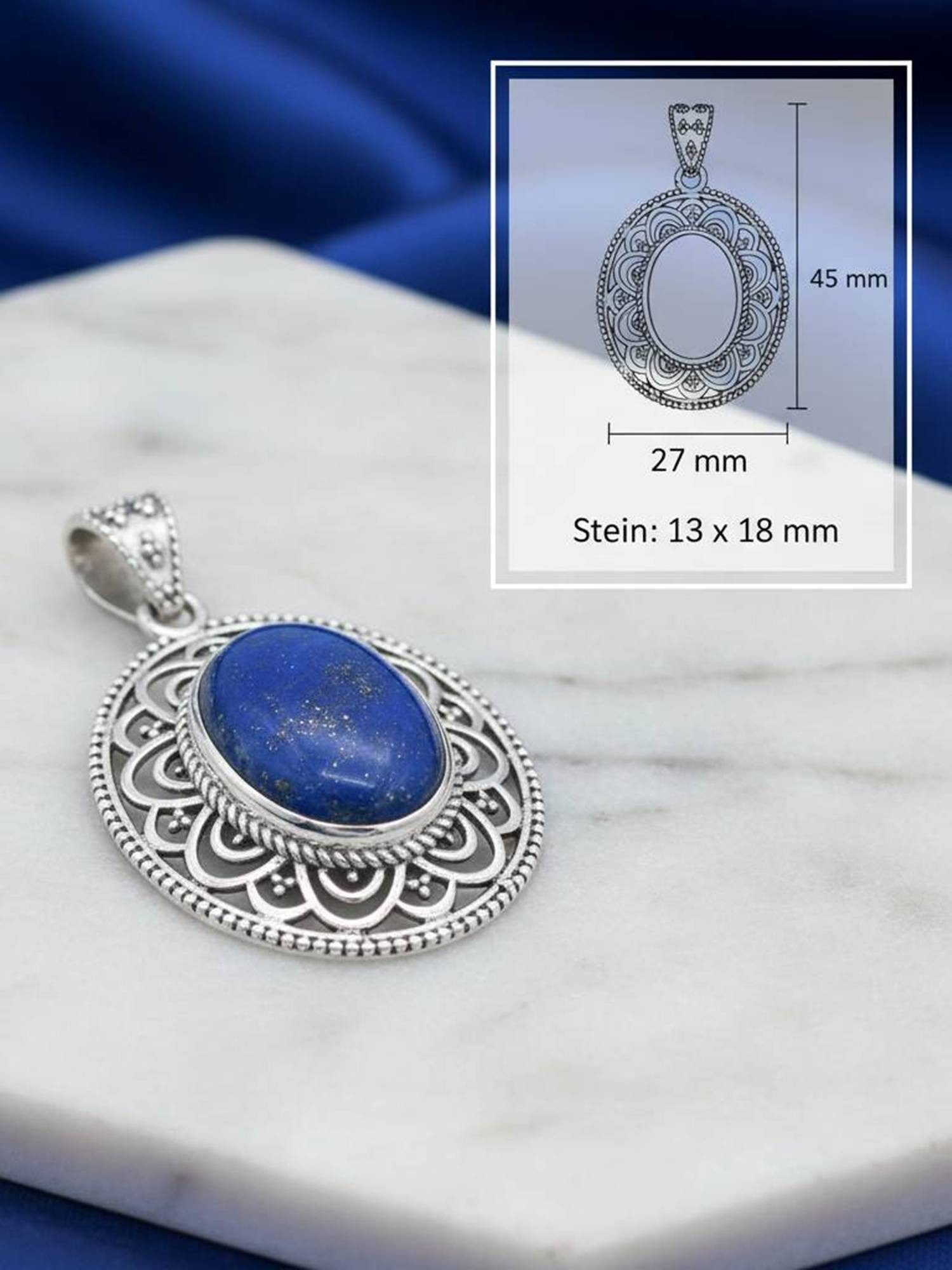 mantraroma Kettenanhänger MIUNI aus 925 Silber mit Lapis Lazuli (Kettenanhänger am Baumwollband im Schmuckbeutel), 925 Sterling Silber Kettenanhänger für Damen
