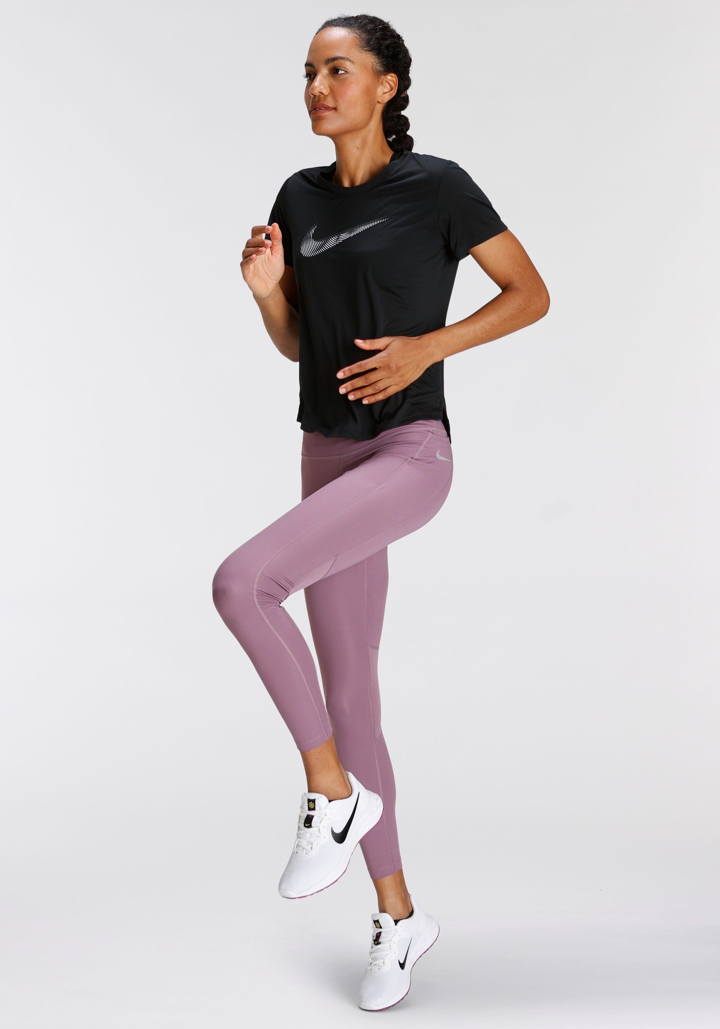 DRI-FIT WOMEN'S GREY SWOOSH TOP Laufshirt Nike BLACK/COOL SHORT-SLEEVE RUNNING