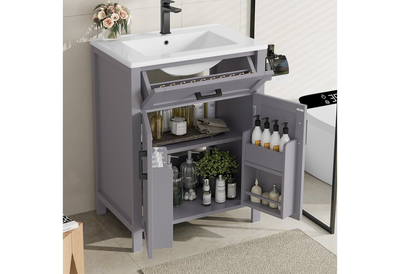 Flieks Waschtisch mit Türregalen und Klappen, Badezimmerschrank Volllackierung (B60/T46/H84,8 cm, 1-St., bodenstehend, Badschrank mit verstellbare Einlegeböden), Waschbeckenunterschrank mit Waschbecken Badmöbel in Breite 60 cm