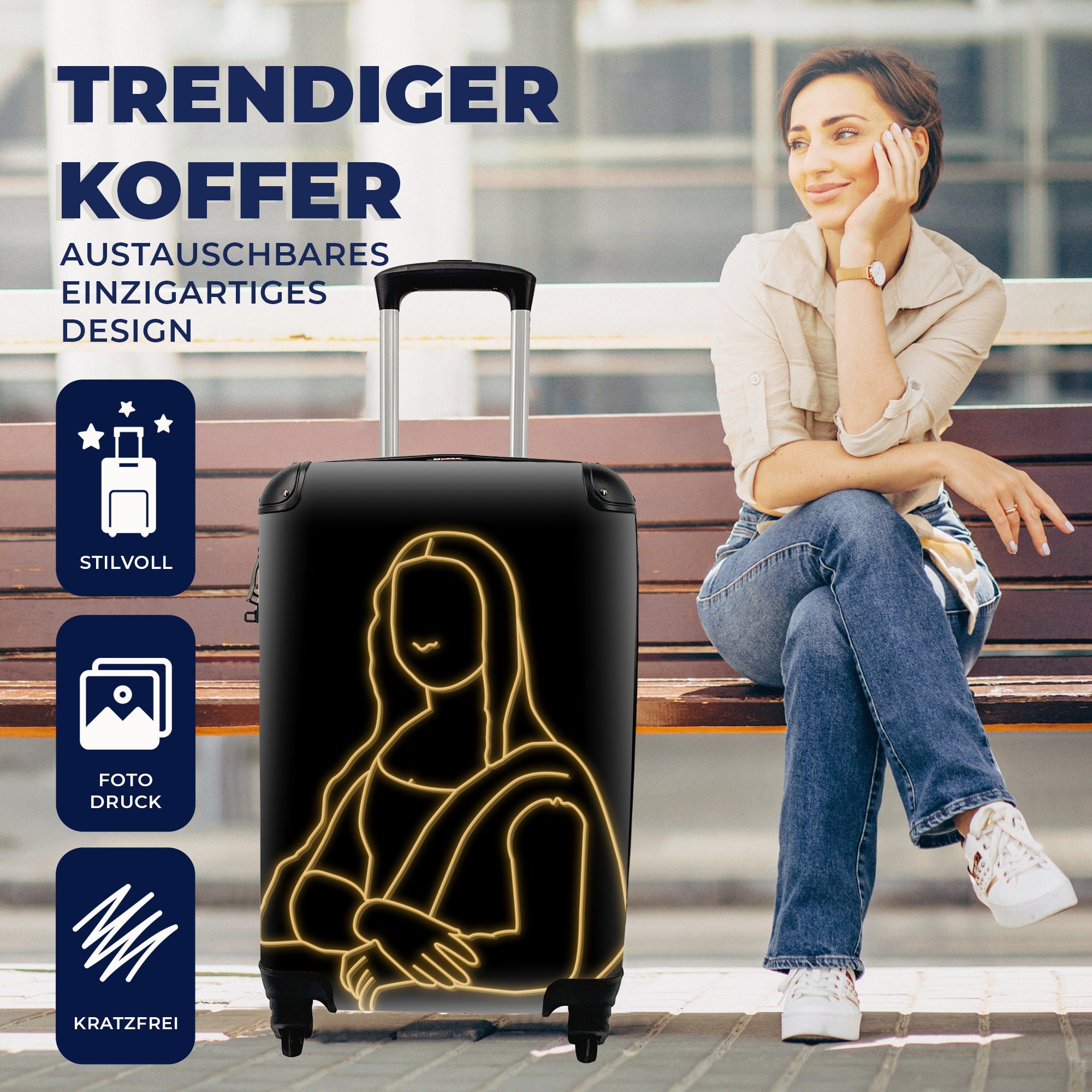 Reisekoffer Handgepäckkoffer MuchoWow - Vinci Ferien, Trolley, für mit Handgepäck - Mona Leonardo 4 Rollen, Gold, Lisa Reisetasche rollen, da