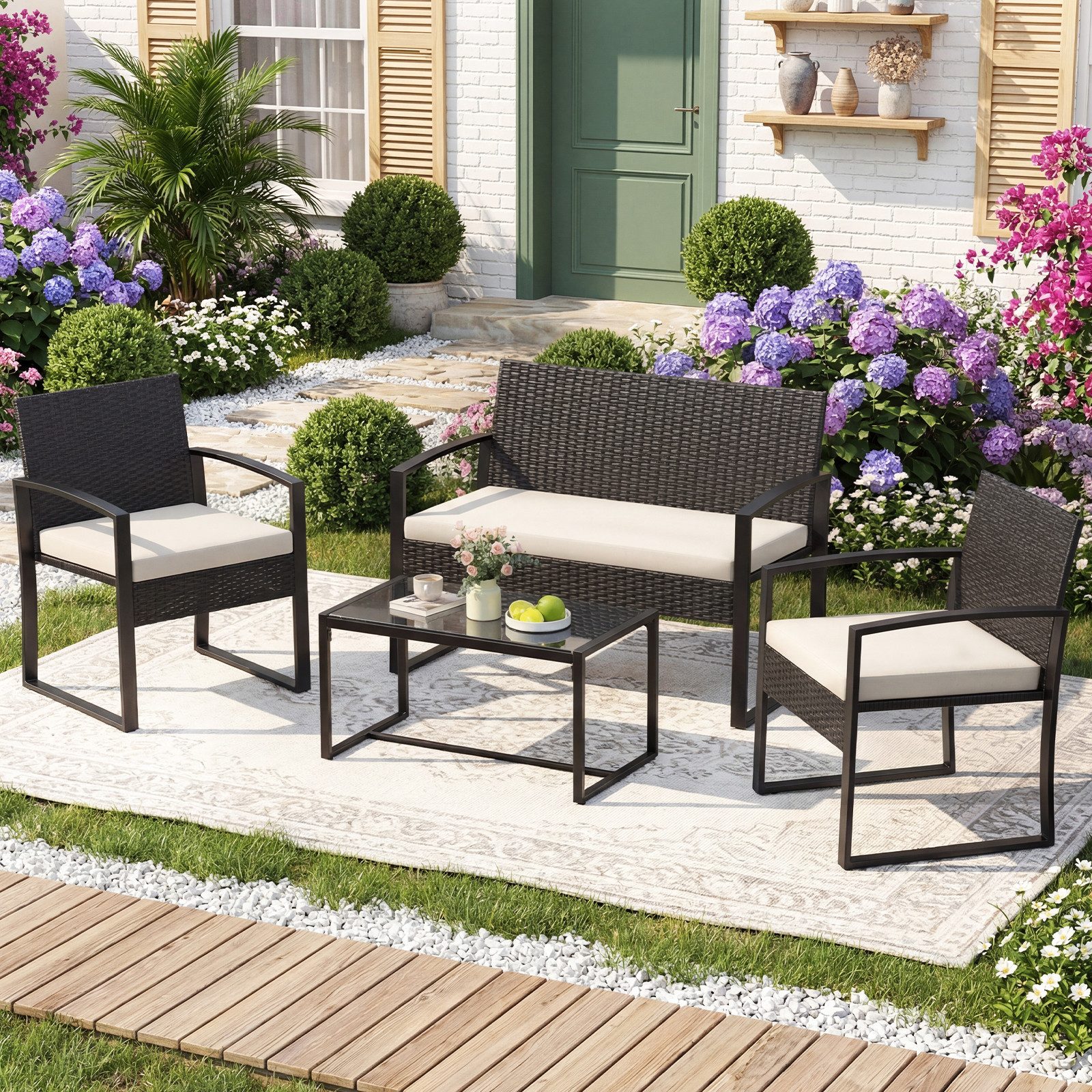 COSTWAY Gartenlounge-Set, (4-tlg), Balkonmöbel mit Tisch, Bank für 4 Personen