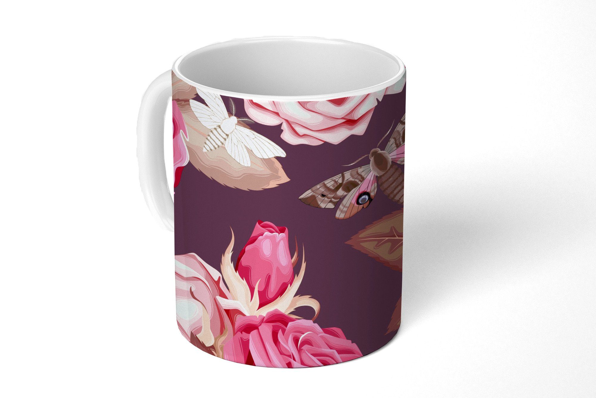 MuchoWow Tasse Rosen - Schmetterlinge - Rosa, Keramik, Kaffeetassen, Teetasse, Becher, Teetasse, Geschenk