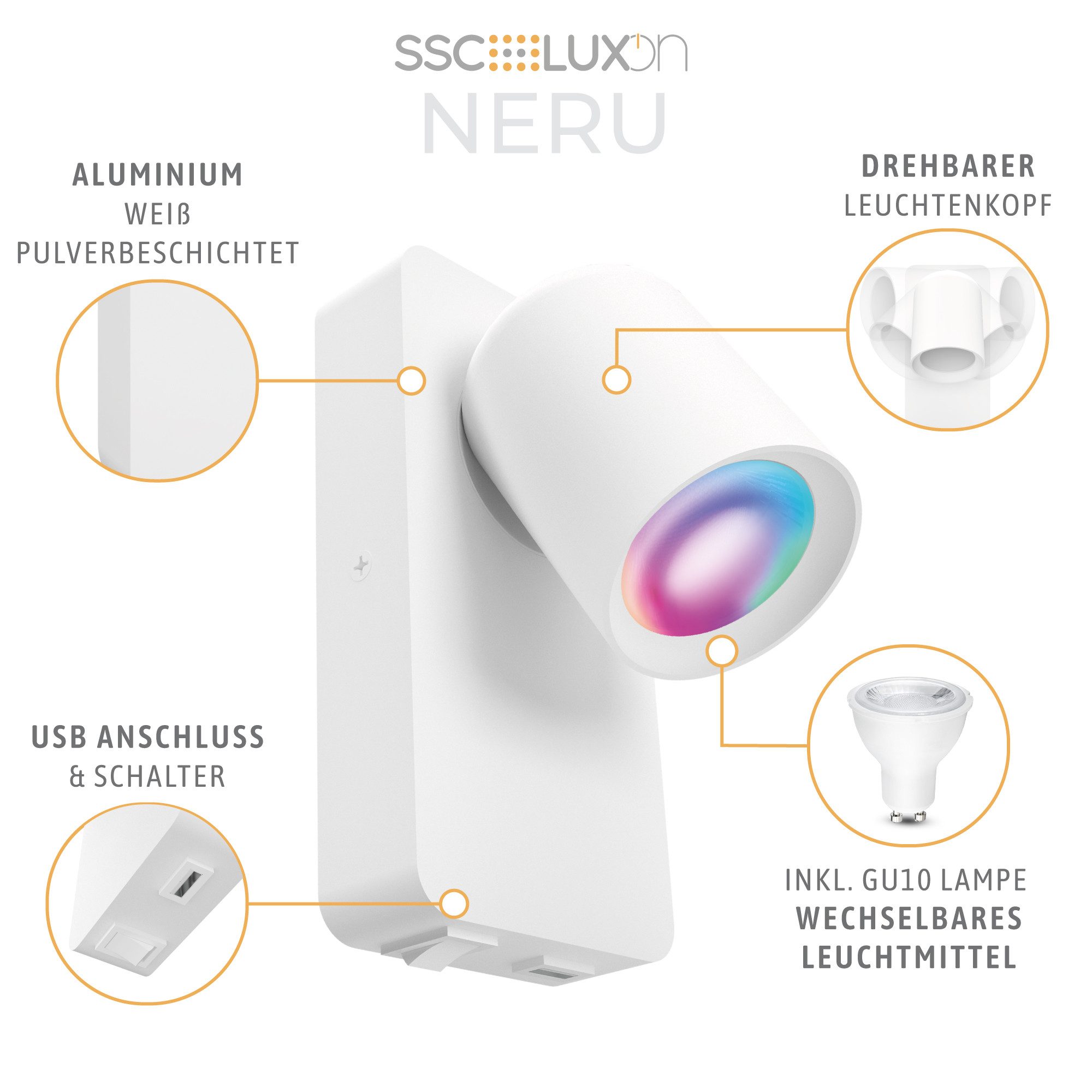 SSC-LUXon LED Wandleuchte NERU Nachttischlampe weiß Smarte GU10 LED, USB & Schalter, Smart