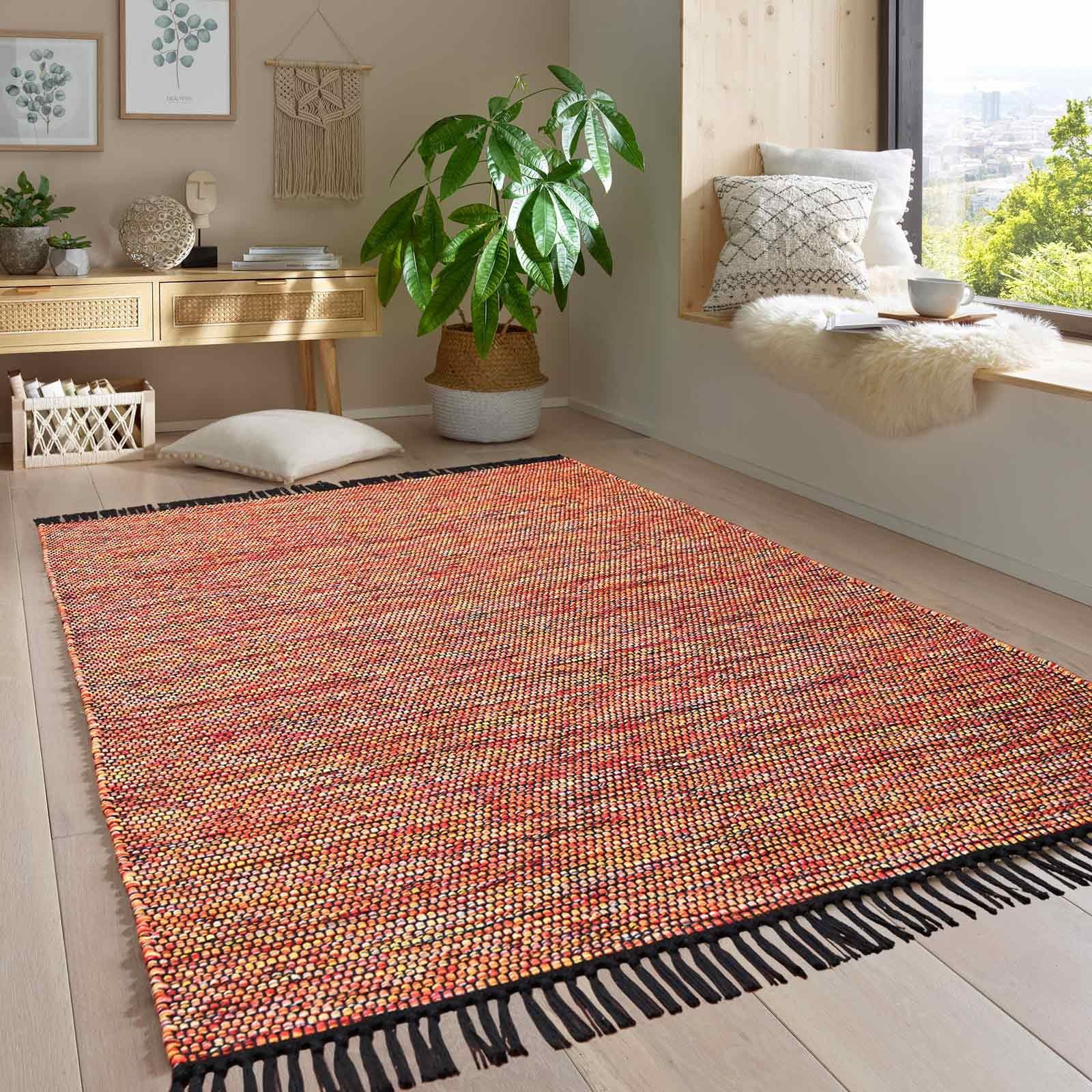 Wollteppich Handwebteppich Borkum 100% Baumwolle, TaraCarpet, rechteckig, Höhe: 5 mm, gewebt Baumwolle multi nachhaltig modern Wohnzimmer Küche 080x150 cm