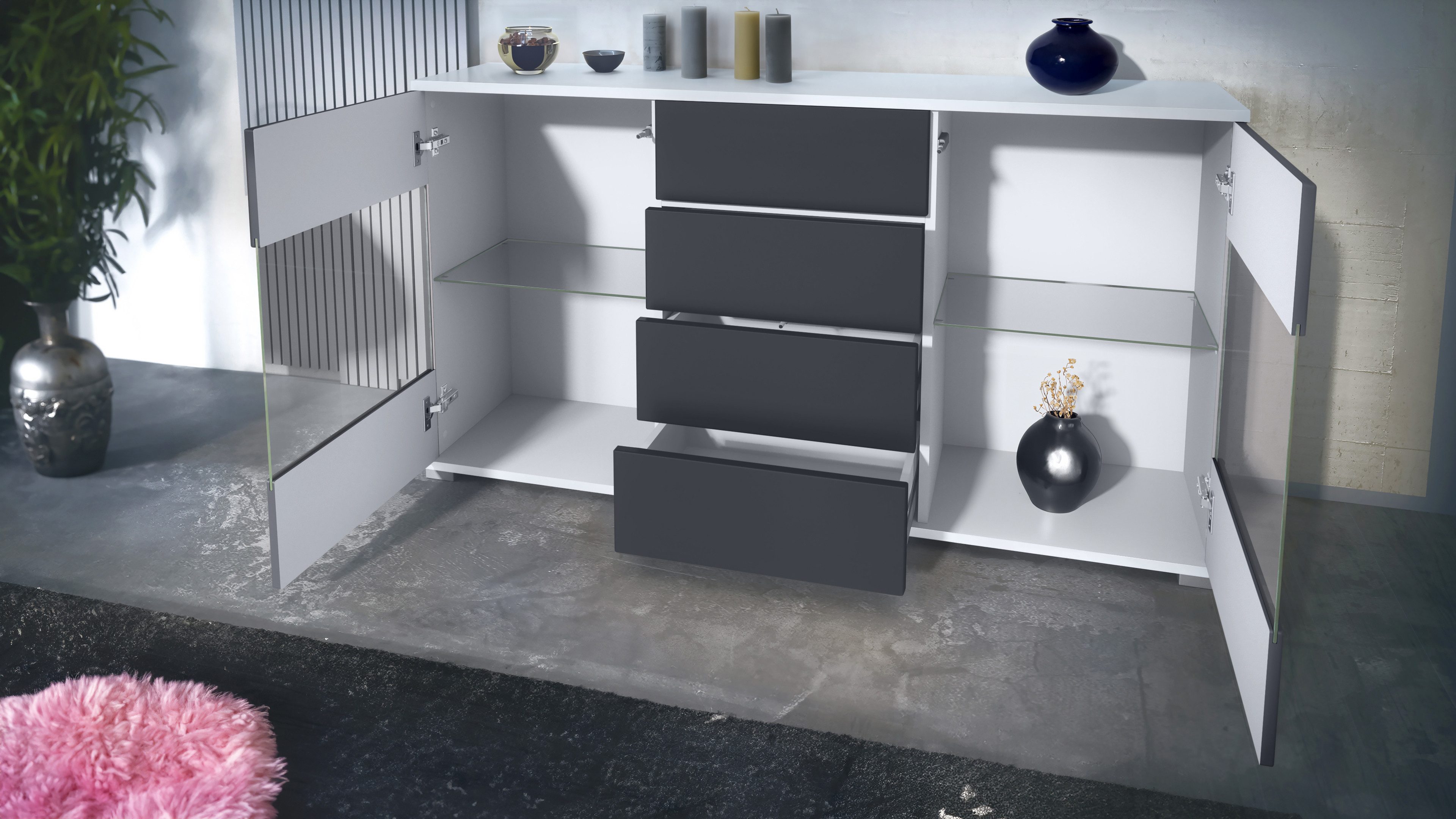 Vladon Sideboard Bari V1 (Kommode mit 2 Türen, 4 Schubladen und 2 flexible Glaseinlegeböden), Weiß matt/Weiß Hochglanz (138,5 x 75,5 x 35)
