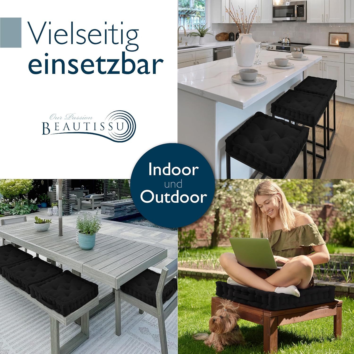 Beautissu Stuhlkissen 4er Set Bodenkissen Sitzkissen Mila, 40x40cm, Schwarz günstig online kaufen