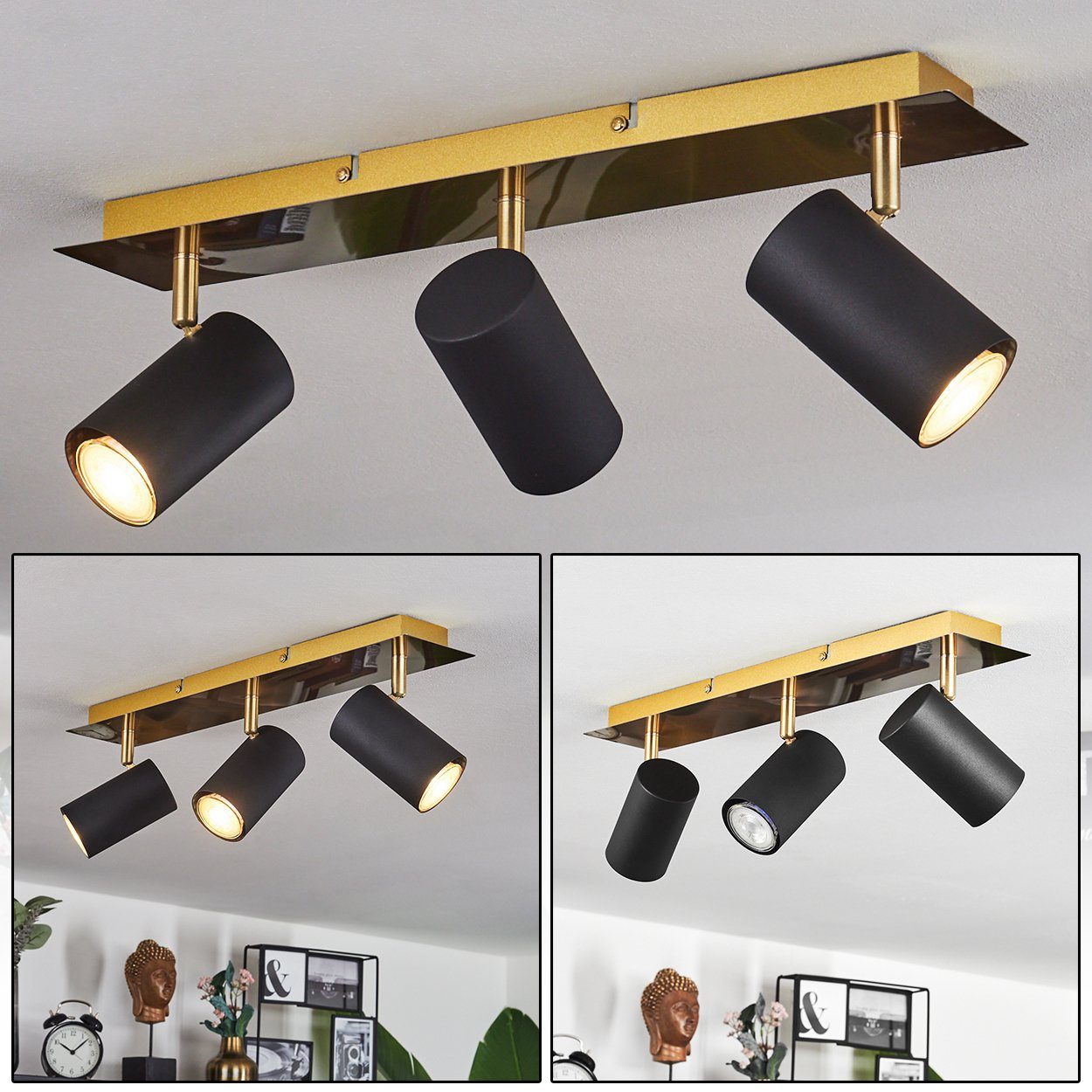 hofstein Deckenleuchte »Godo« moderne Deckenlampe aus Metall in Schwarz/Goldfarben, ohne Leuchtmittel, Leuchte mit verstellbaren Strahlern, 3xGU10