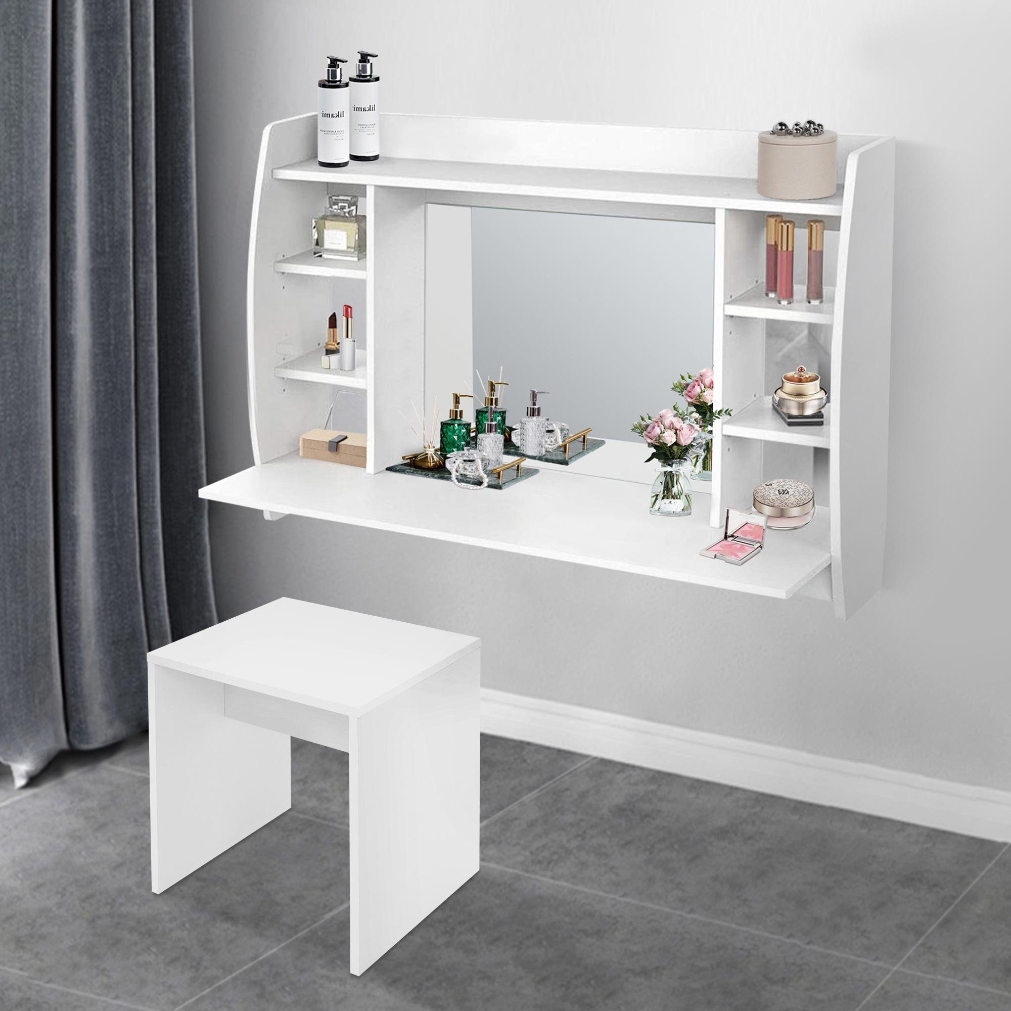 ML-DESIGN Schminktisch Wandschminktisch Frisiertisch Kosmetiktisch Make-up  Tisch, Weiß mit Hocker Spiegel 6 Ablagefächern 110x75x485cm Modern