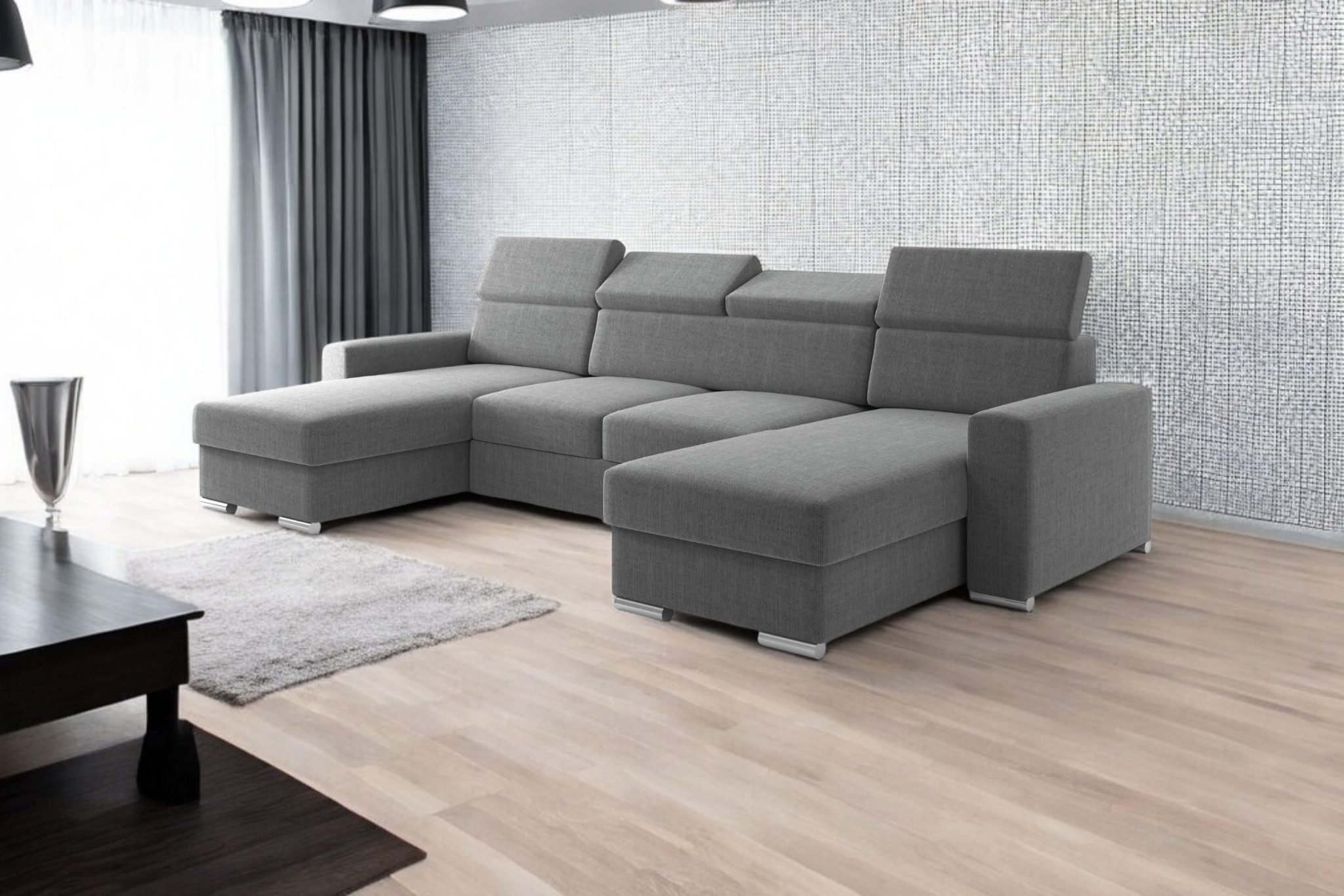 inter Sofa Wohnlandschaft U-Form VALENCIA Webstoff Anthrazit, Soafagarnitur, Bettkasten Kopfstütze ausziehbare Liegefläche