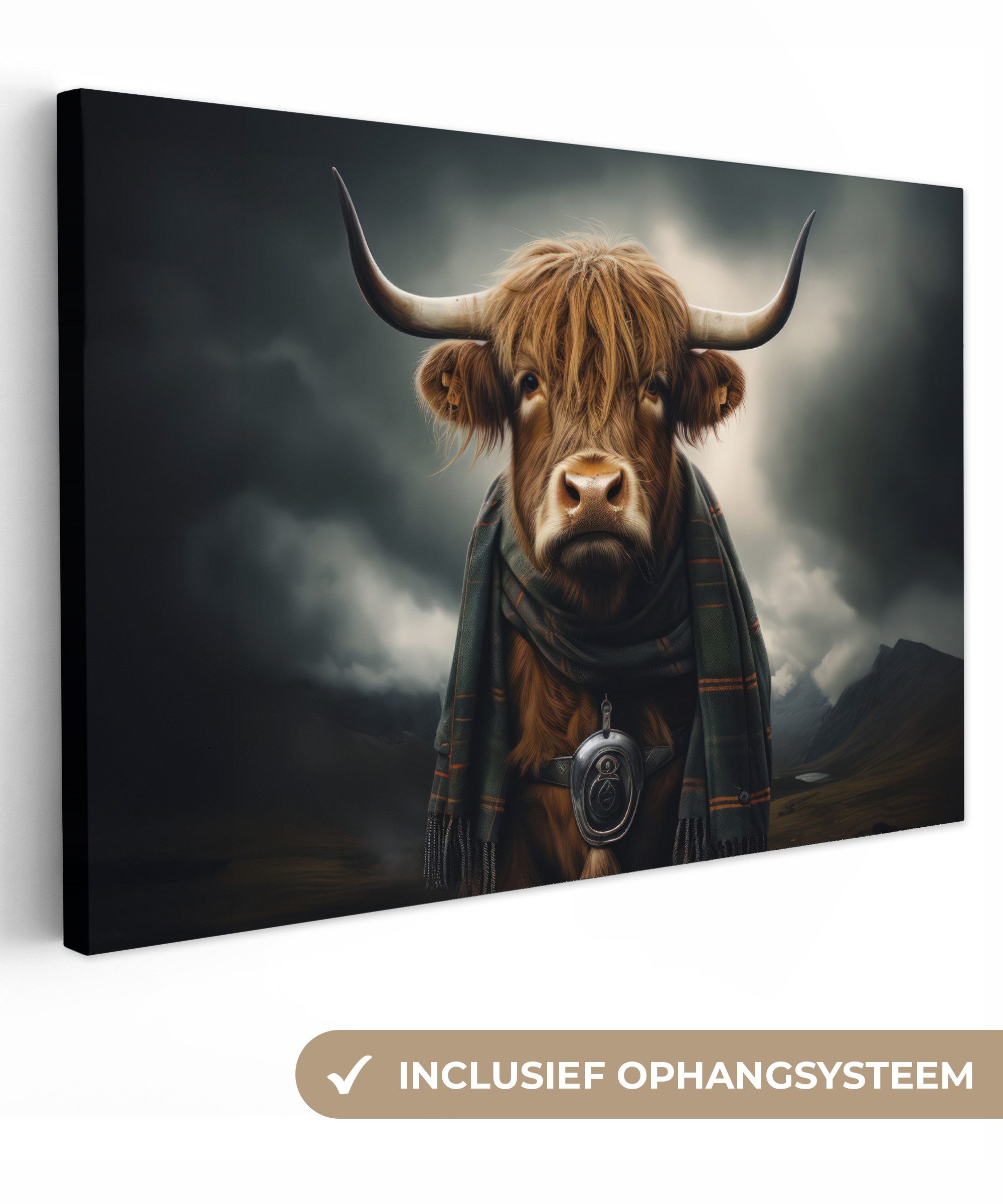 OneMillionCanvasses® Leinwandbild Schottischer Highlander - Schal - Berge, Fotodruck (1 St), Leinwandbilder XXL Wohnzimmer, Deko Aesthetic 150x100 cm