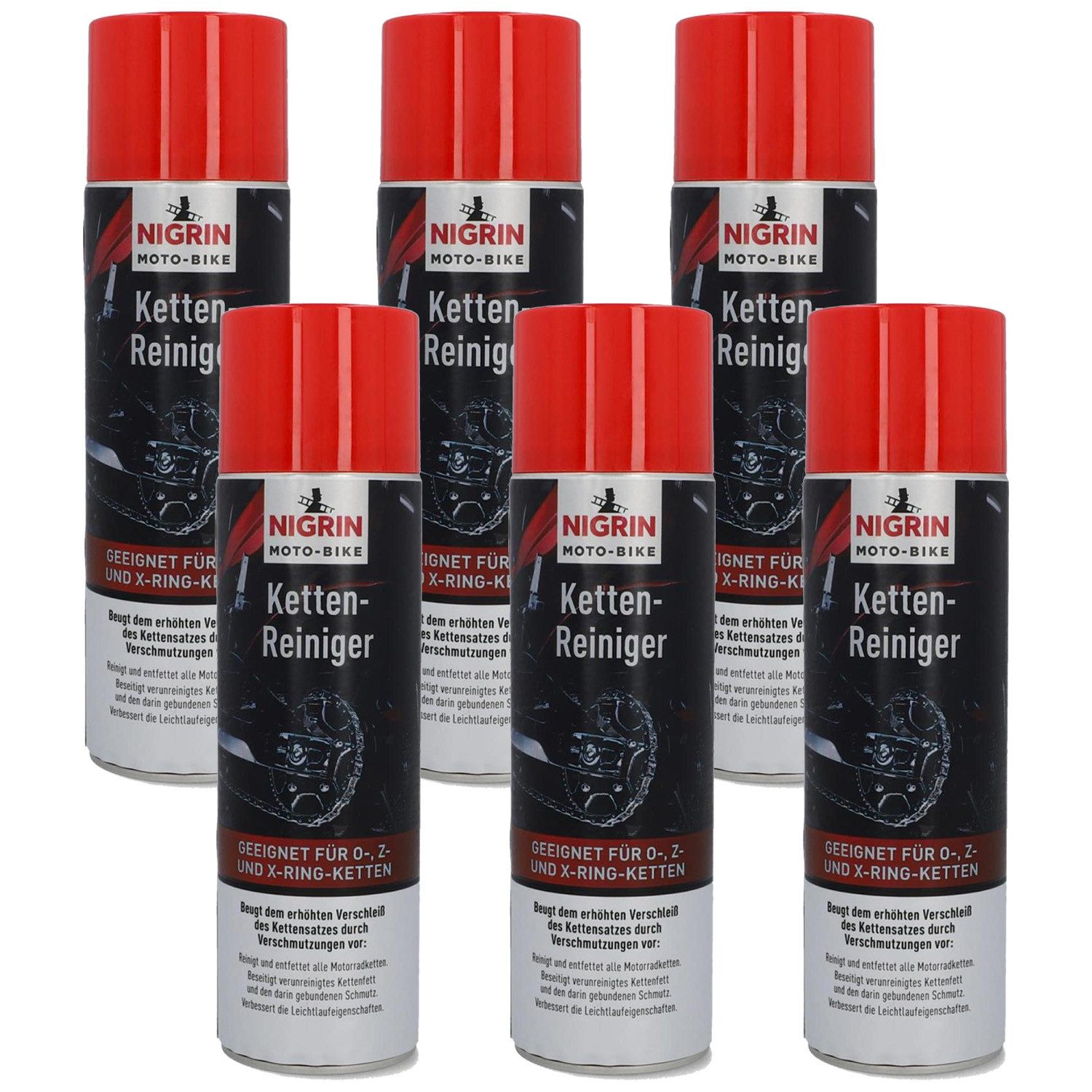 NIGRIN 6x Moto-Bike Ketten-Reiniger Ketten-Spray 3L Universalreiniger (6x Kettenreiniger Spray je 500ml, [6-St. Reinigung Pflege O-, Z- und X-Ring Leichtlaufeigenschaften)