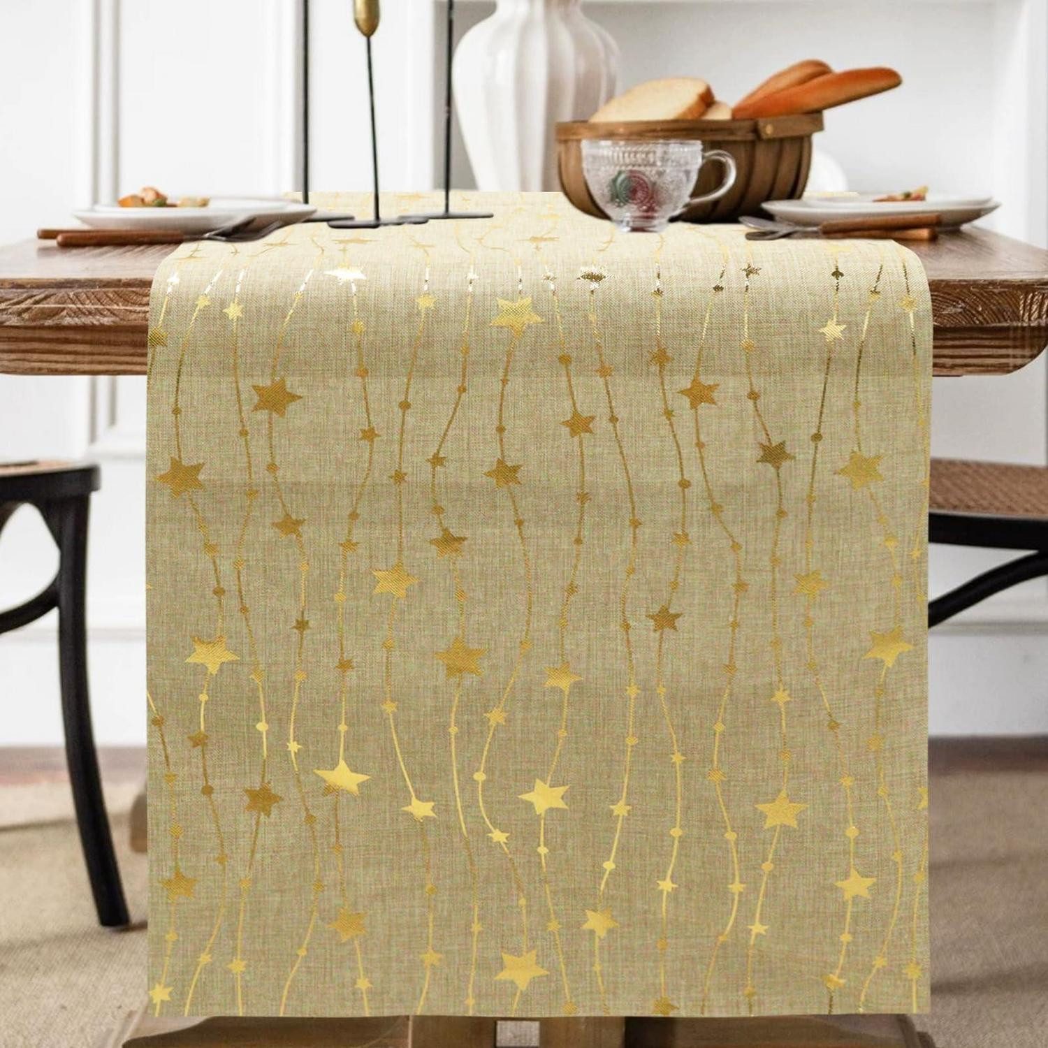 LuxusKollektion Tischläufer Tischläufer Weihnachten Gold Sterne 275x28cm Polyester (1-tlg)